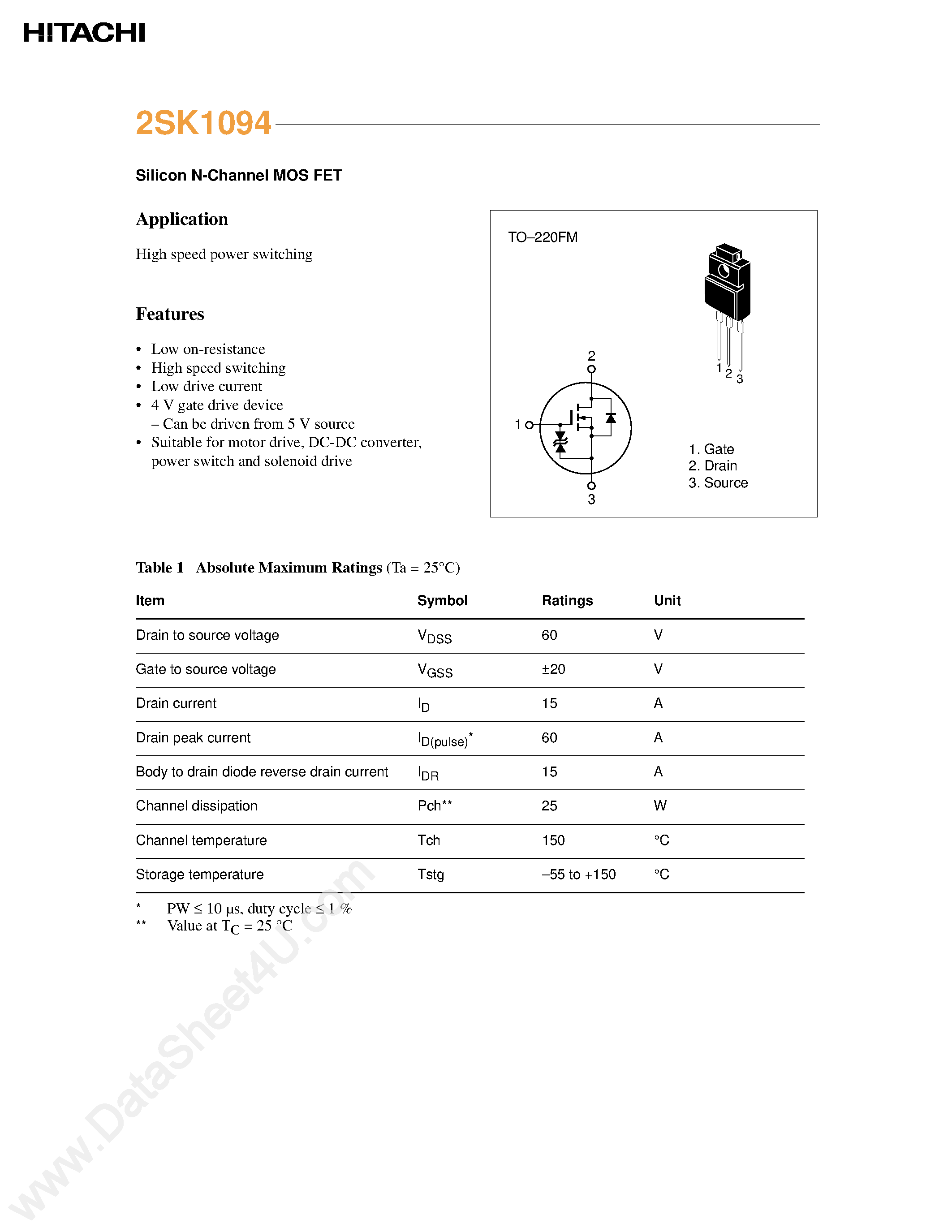 Datasheet 2SK1094 - Silicon N-Channel MOS FET page 1