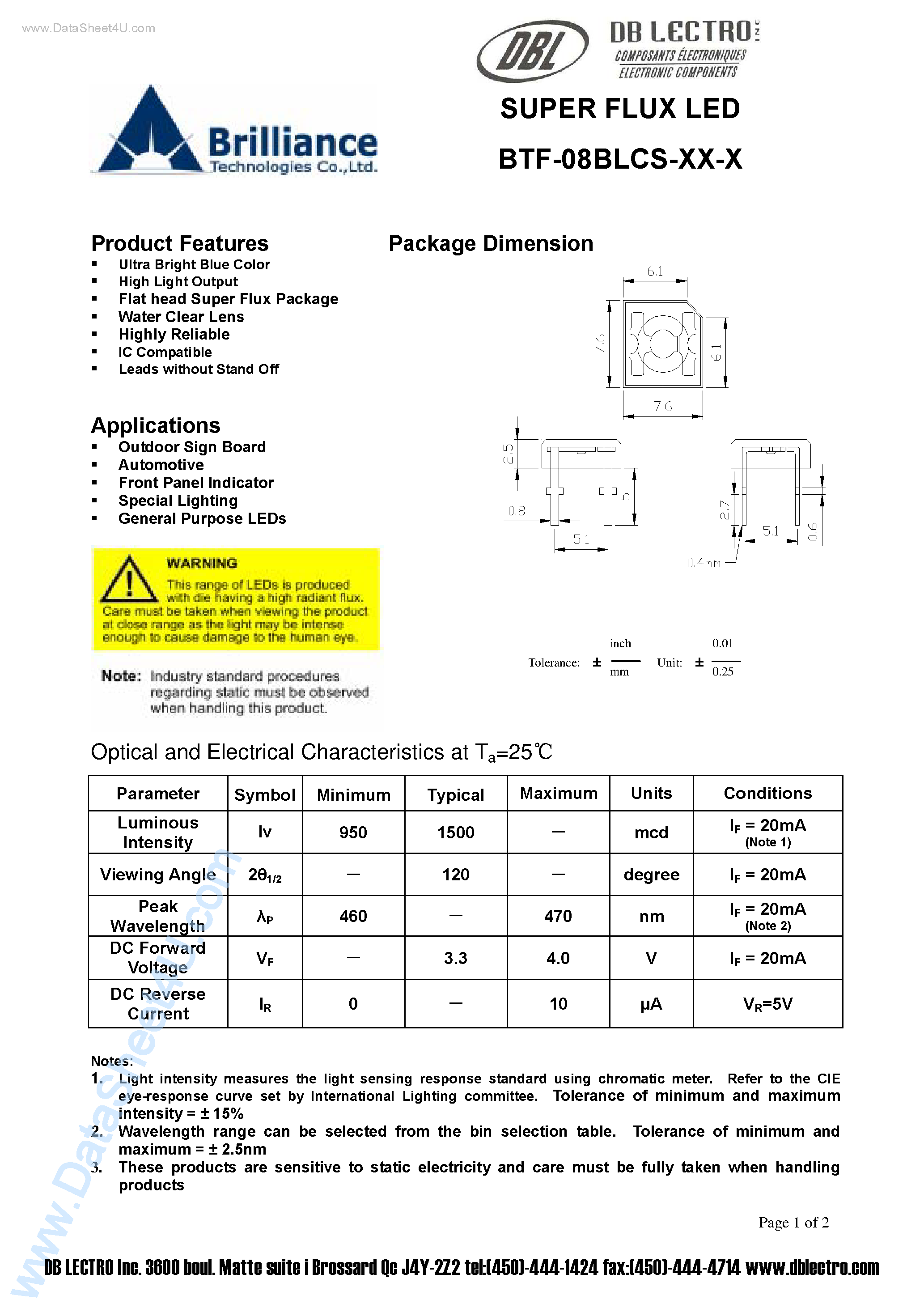 Datasheet BTF-08BLCS-xx-x - SUPER FLUX LED page 1