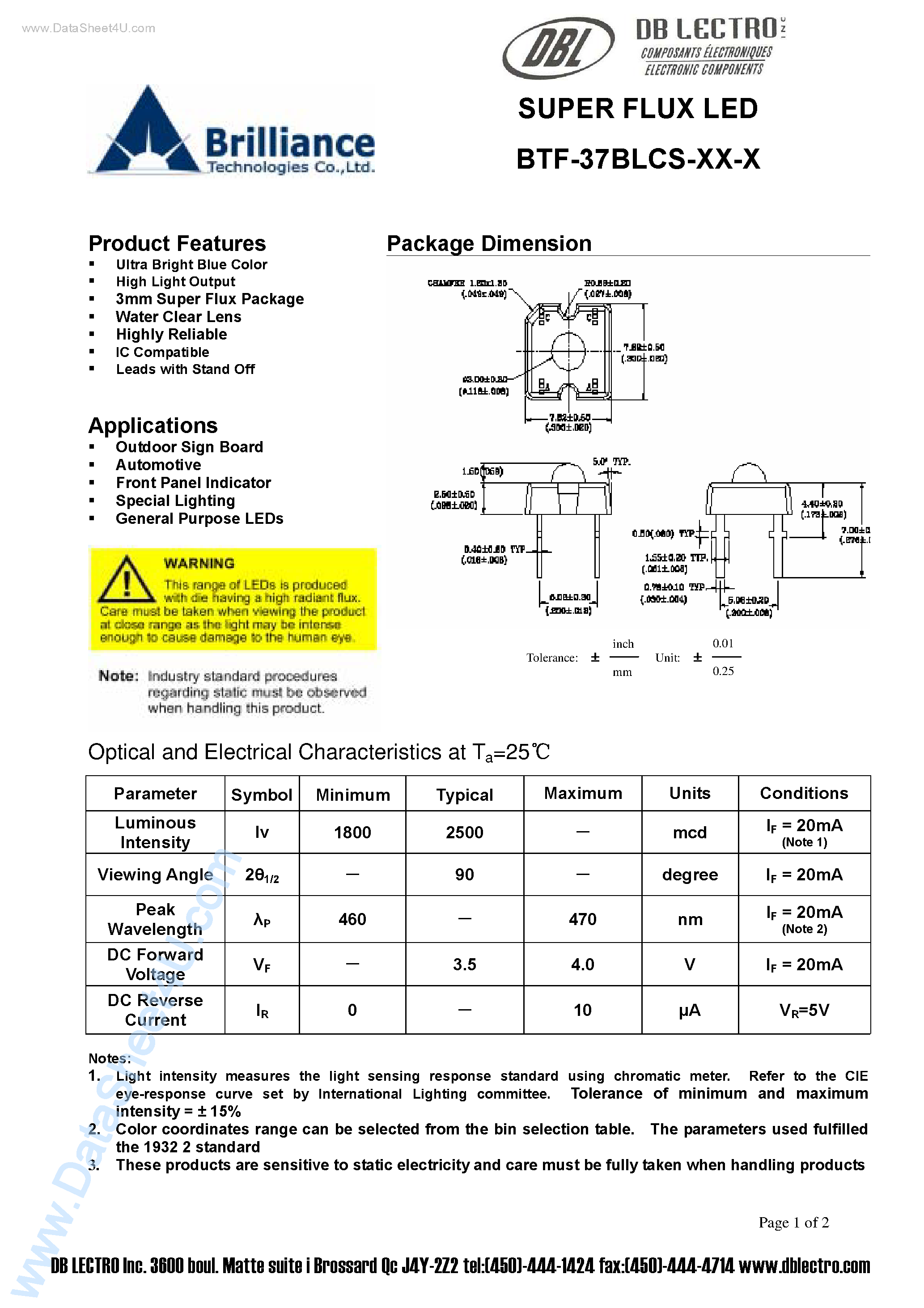 Datasheet BTF-37BLCS-xx-x - SUPER FLUX LED page 1