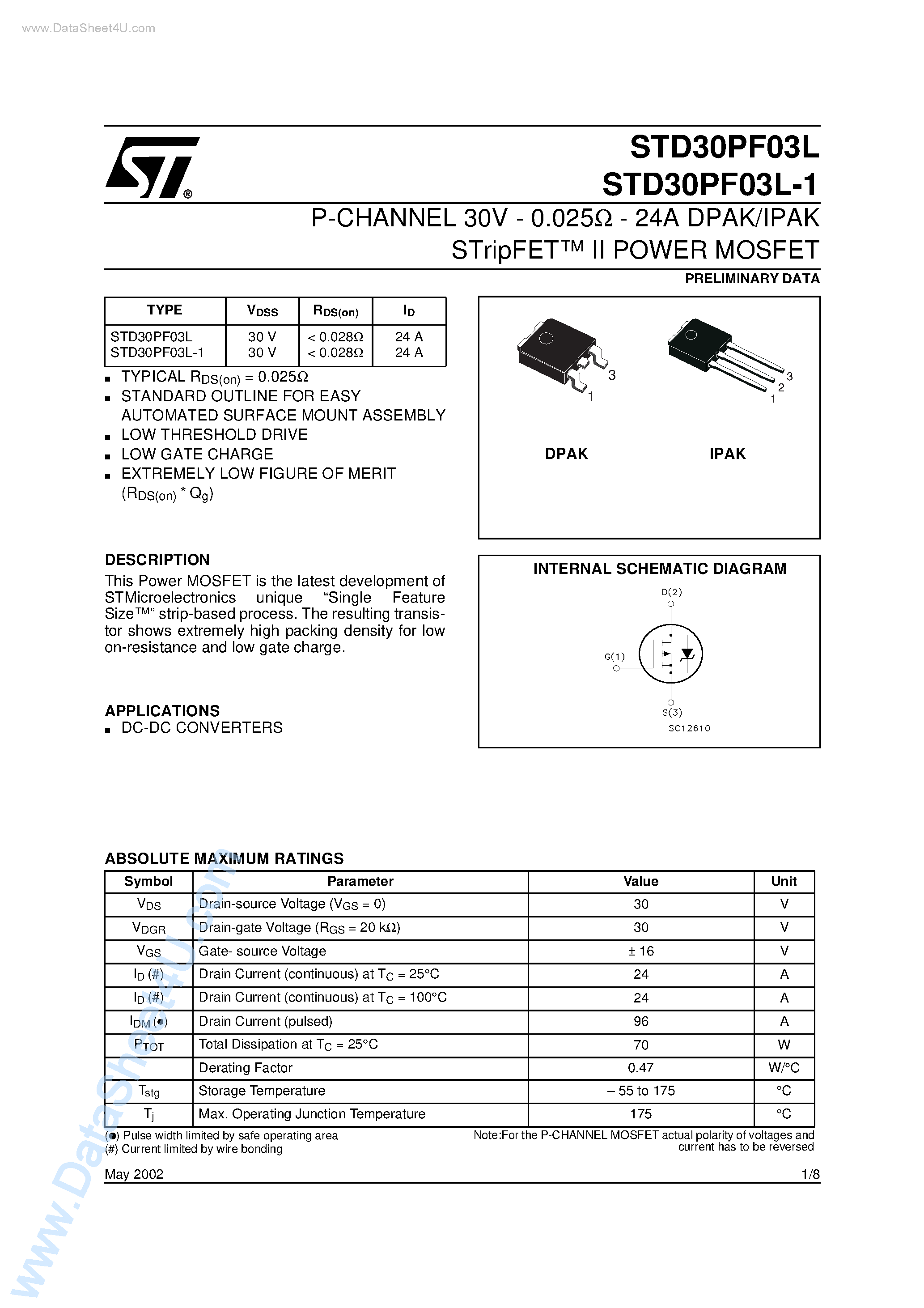 Даташит STD30PF03L - P-CHANNEL POWER MOSFET страница 1