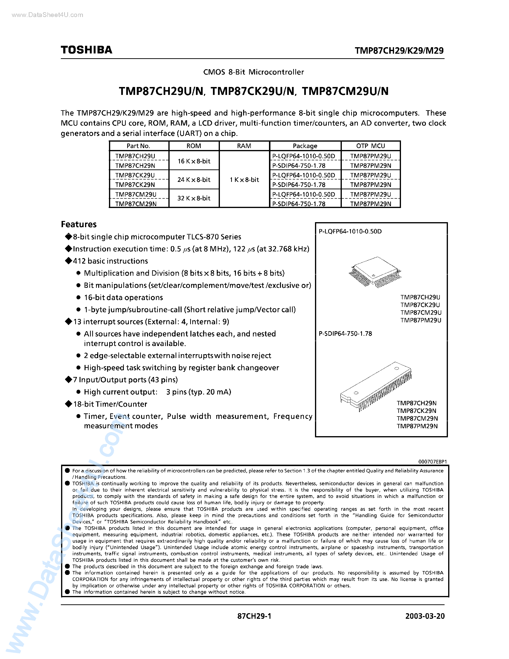 Datasheet TMP87CH29N - (TMP87Cx29U/N) CMOS 8-Bit Microcontroller page 1