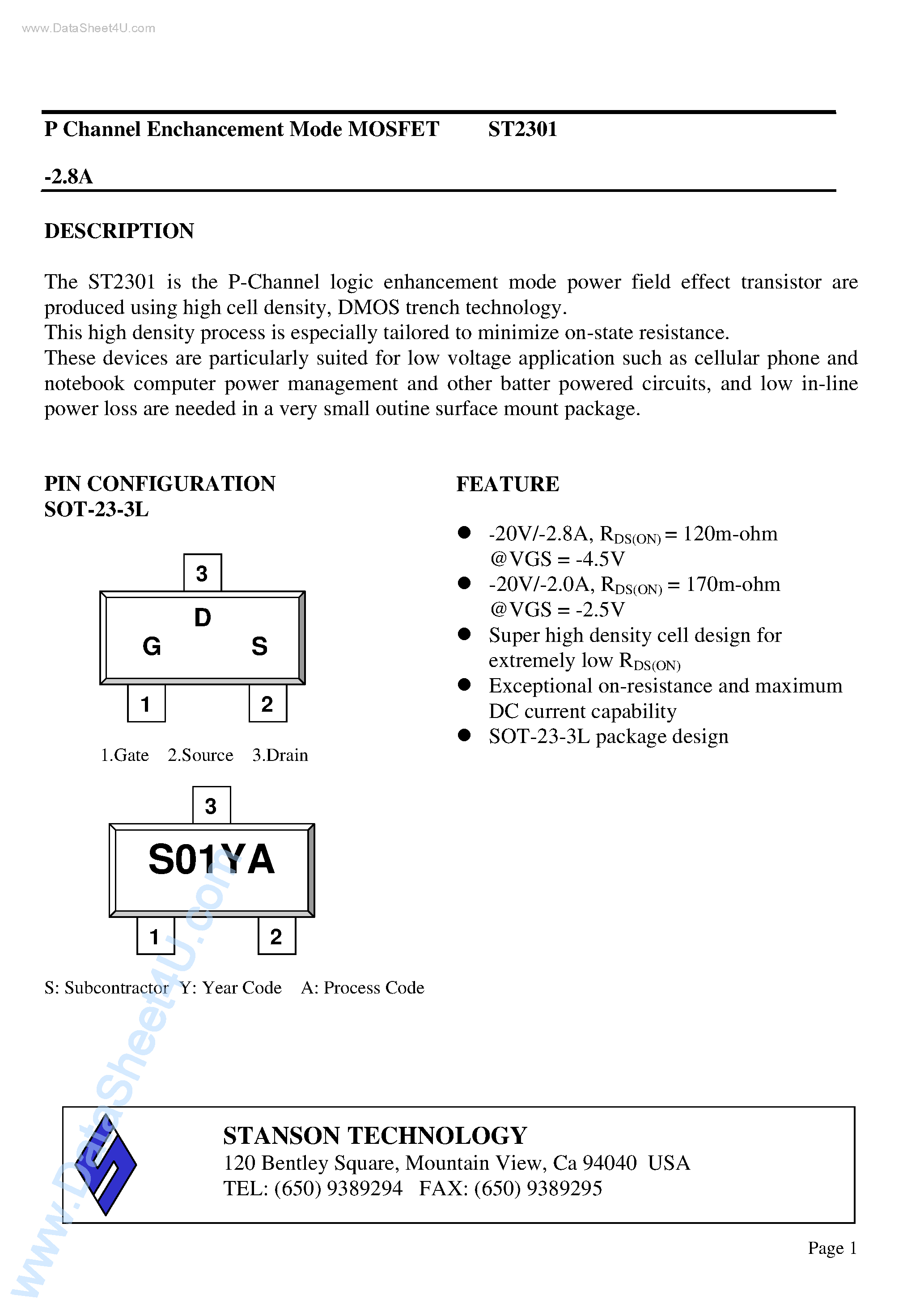 Даташит ST2301 - P Channel Enchancement Mode MOSFET страница 1