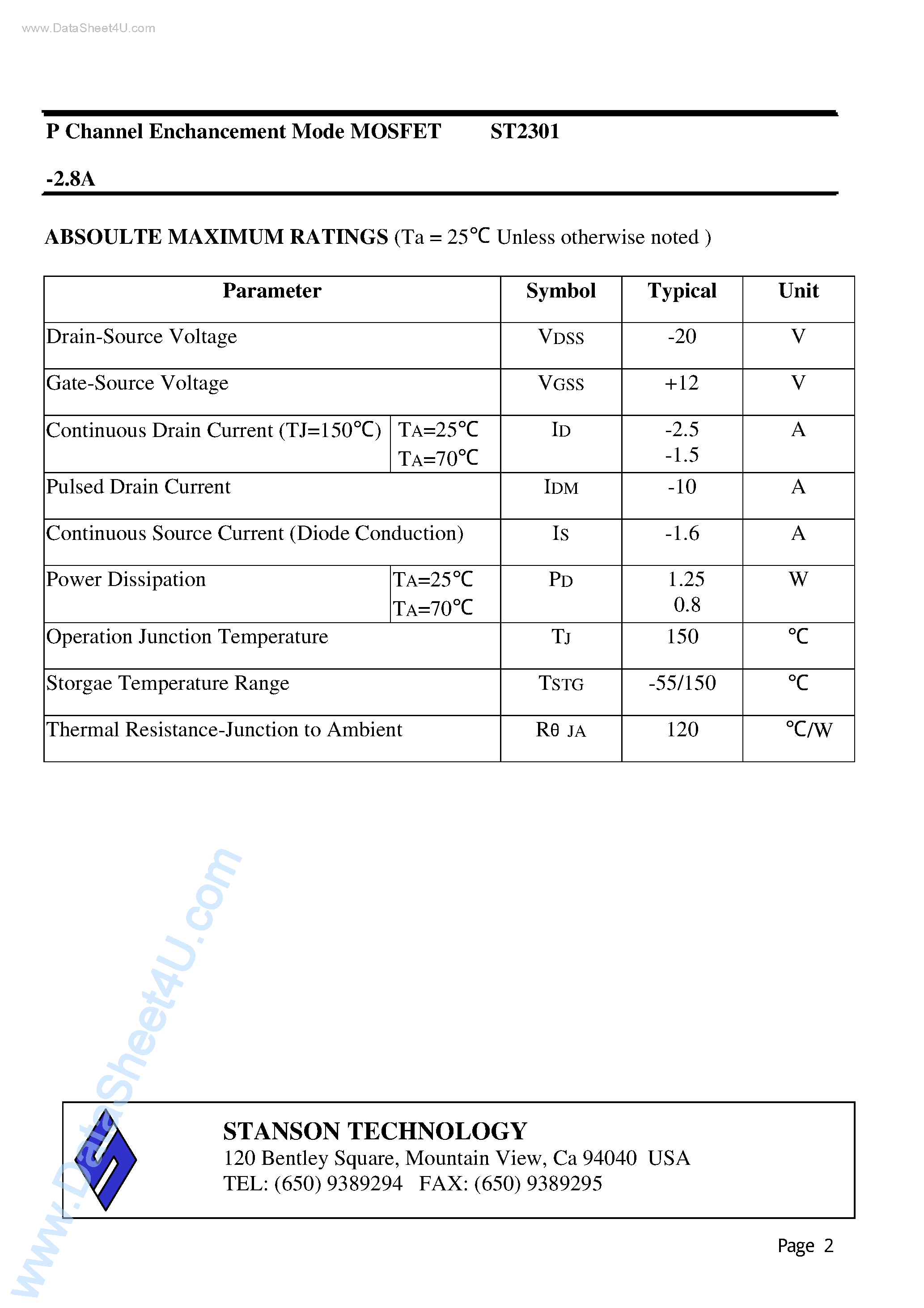 Даташит ST2301 - P Channel Enchancement Mode MOSFET страница 2