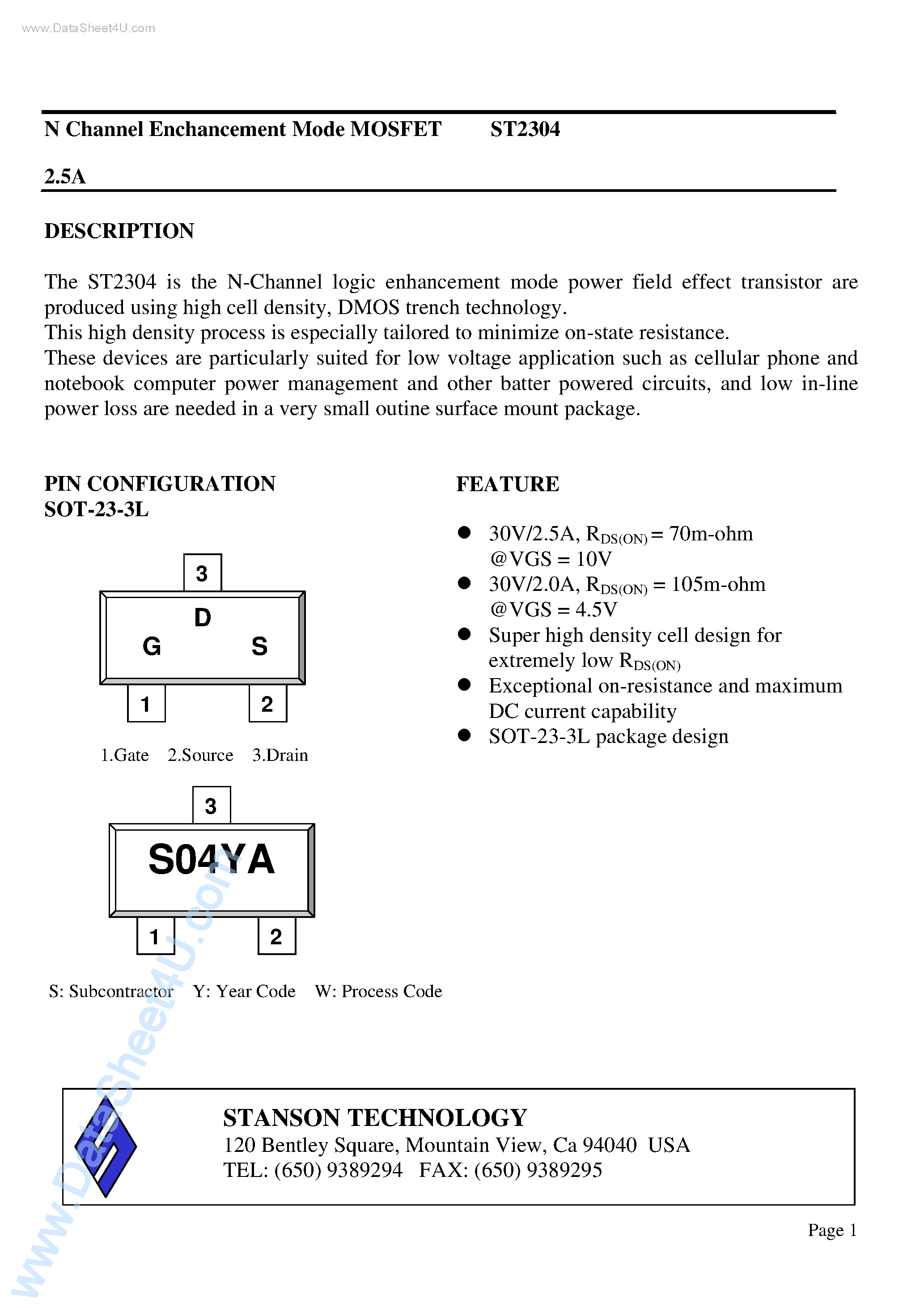 Даташит ST2304 - N Channel Enchancement Mode MOSFET страница 1