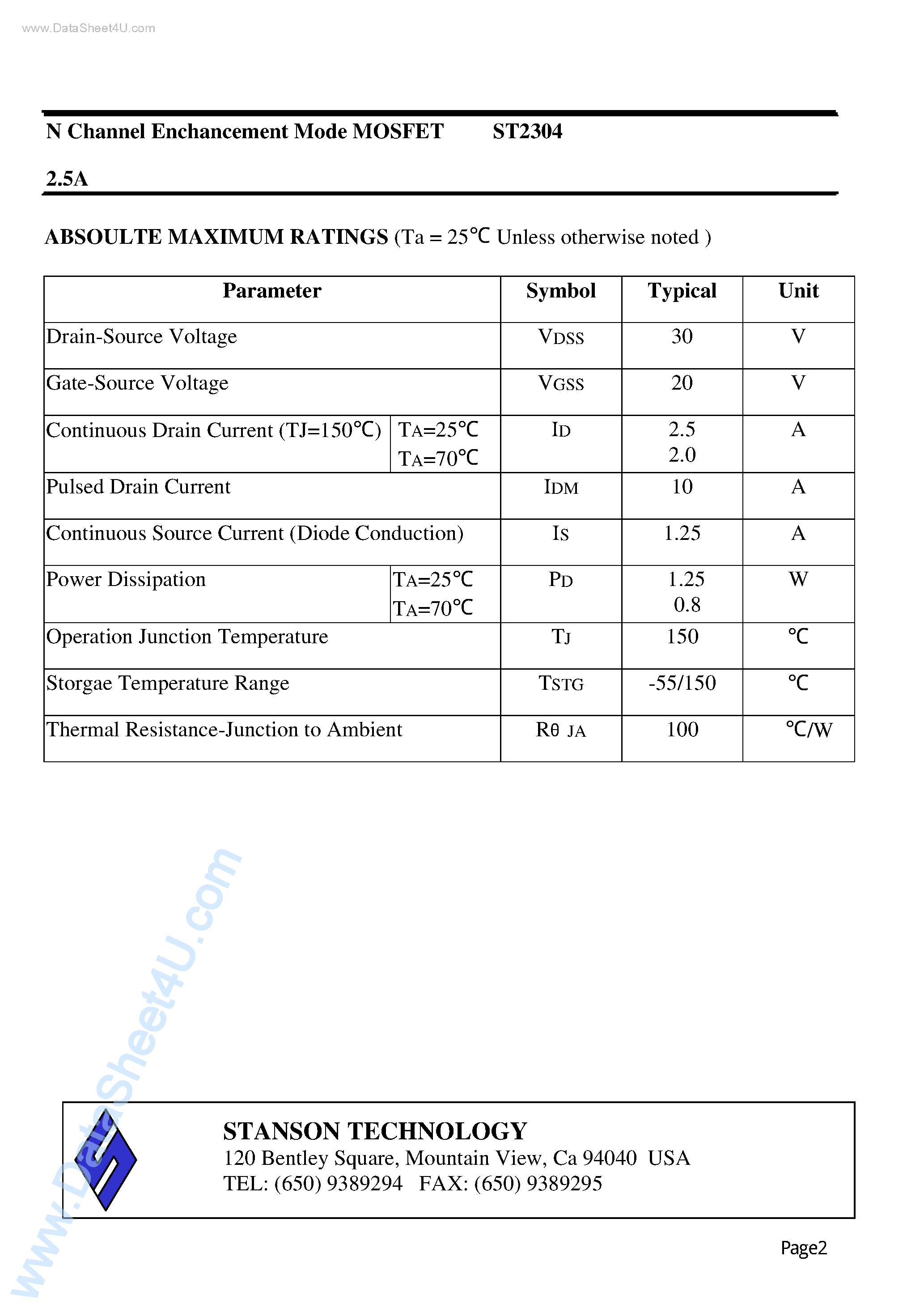 Даташит ST2304 - N Channel Enchancement Mode MOSFET страница 2