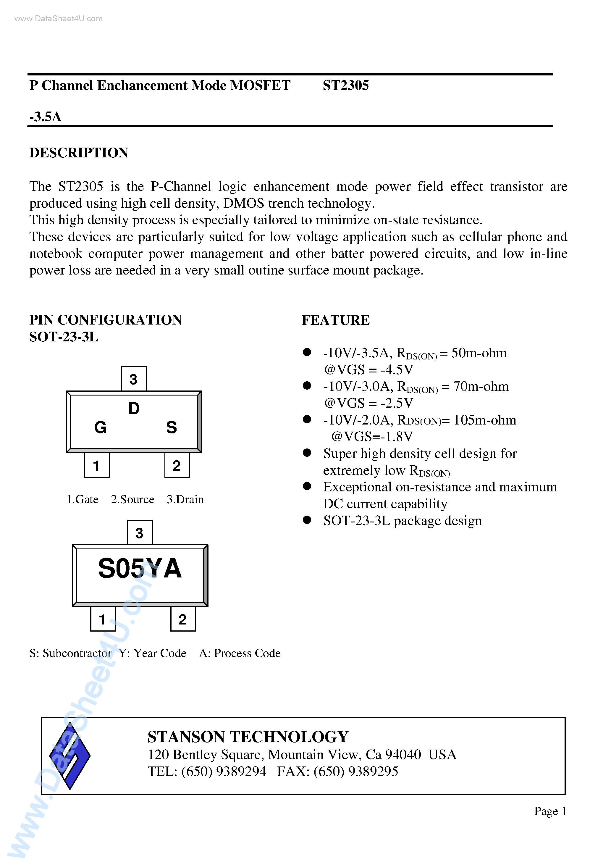 Даташит ST2305 - P Channel Enchancement Mode MOSFET страница 1