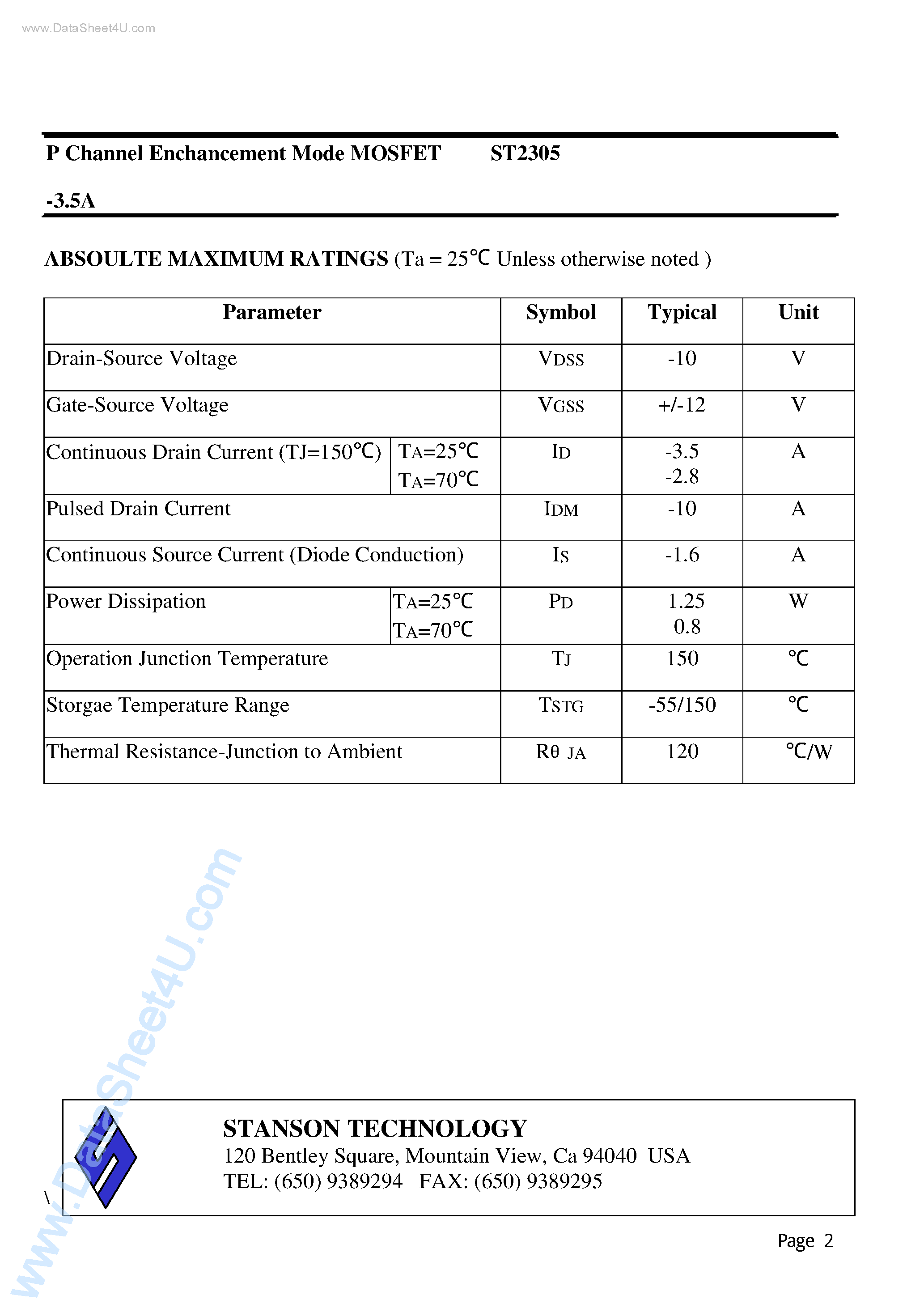 Даташит ST2305 - P Channel Enchancement Mode MOSFET страница 2