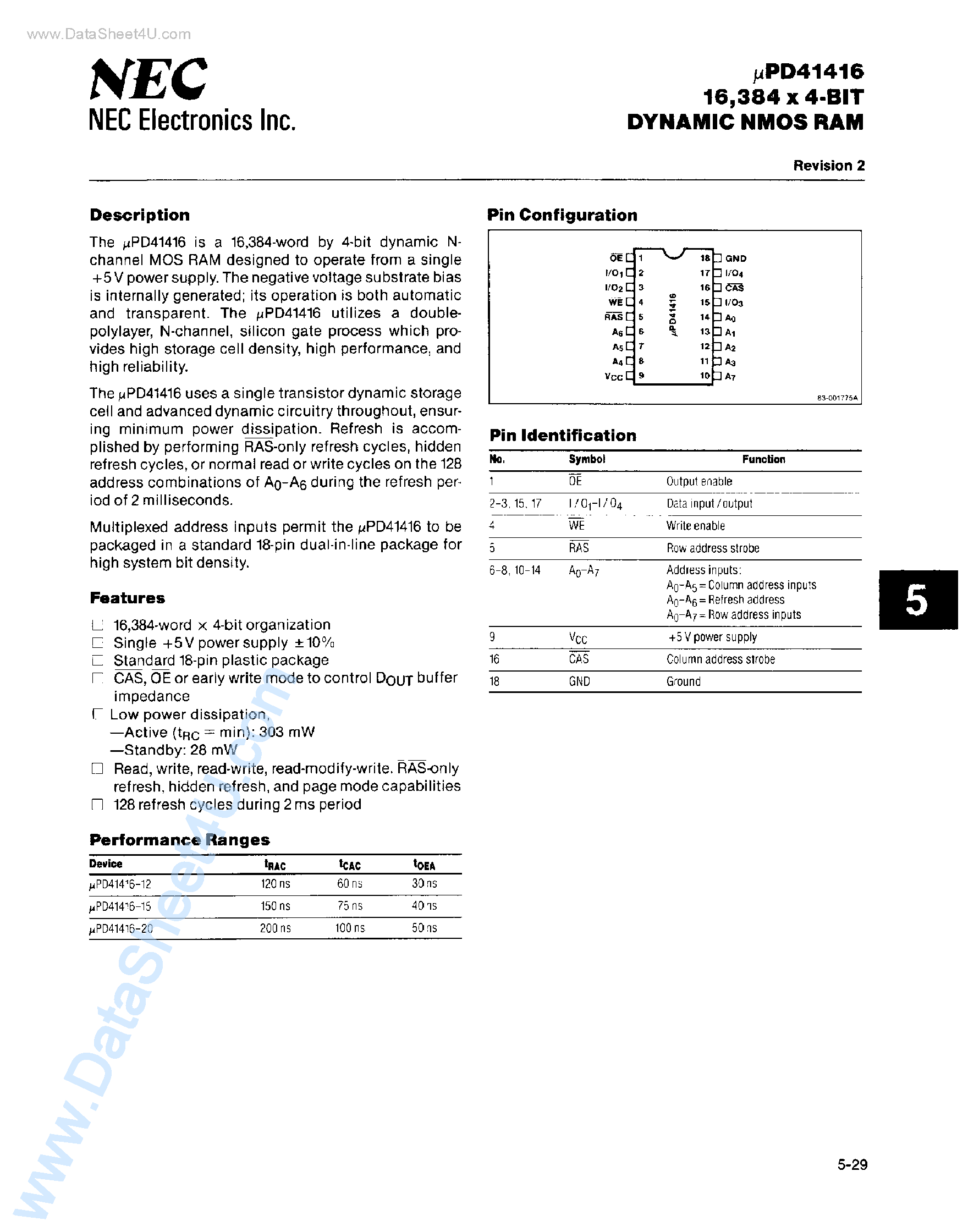 Datasheet UPD41416 - 16K x 4-Bit DRAM page 1