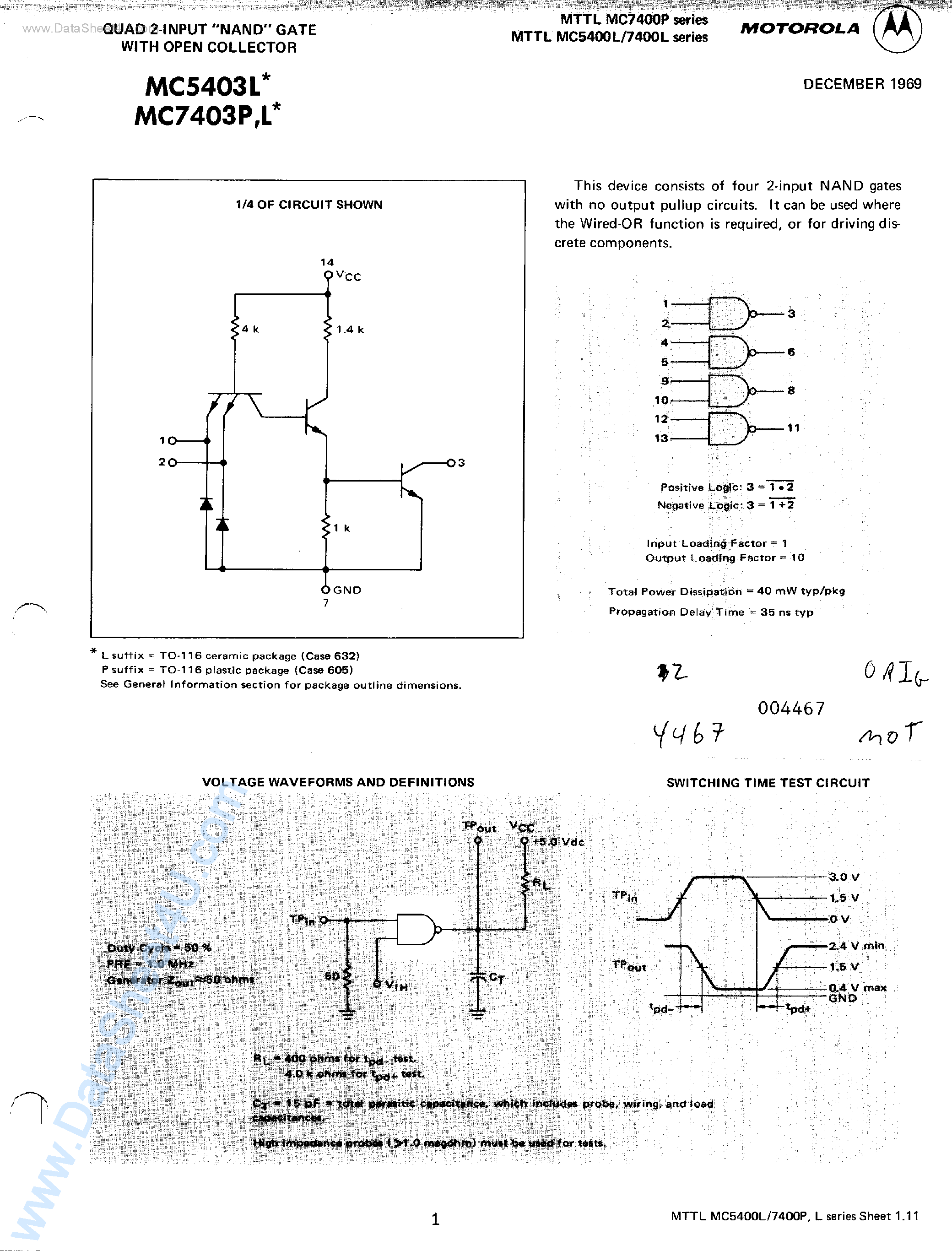 Даташит MC7403L - Quad 2-Input NAND Gate страница 1