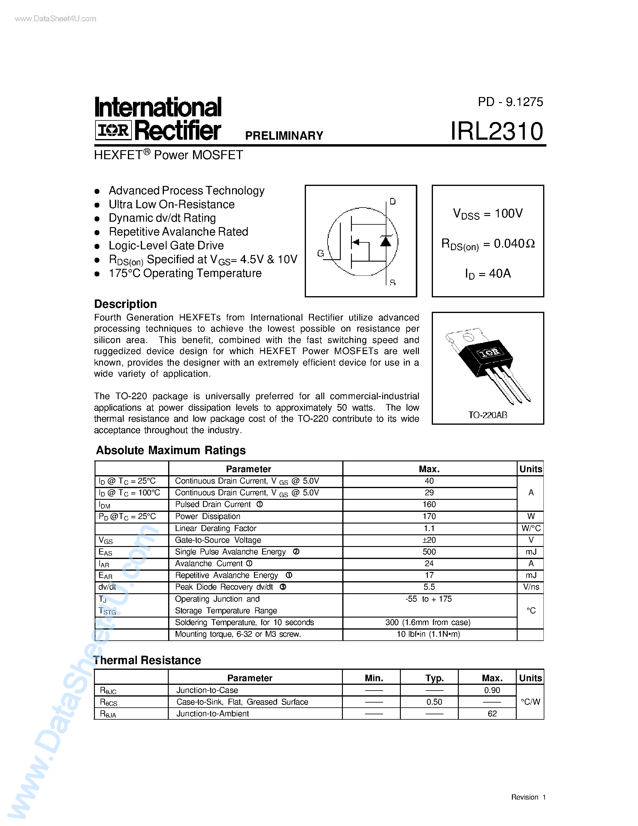 Datasheet IRL2310 - Power MOSFET page 1