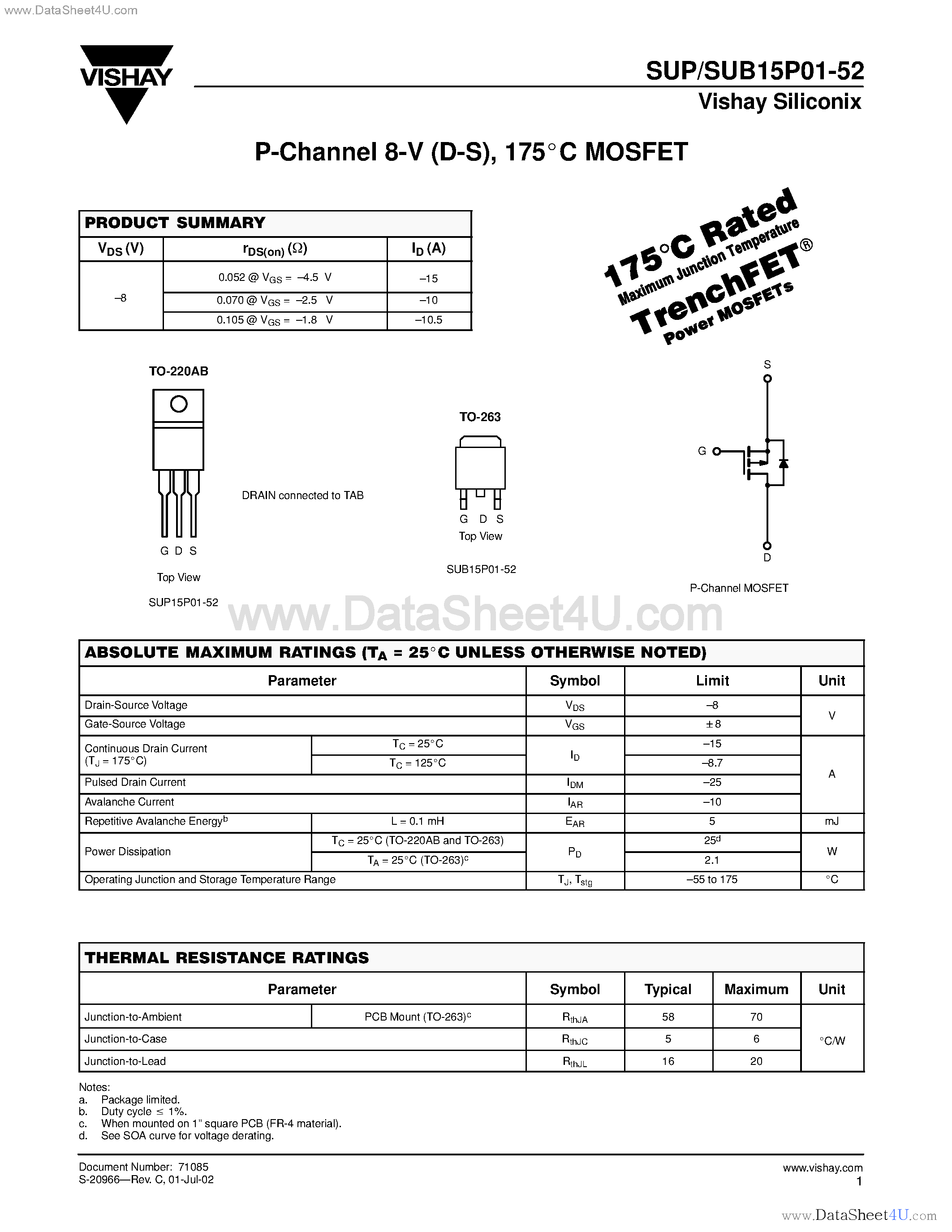 Даташит SUB15P01-52 - P-Channel MOSFET страница 1