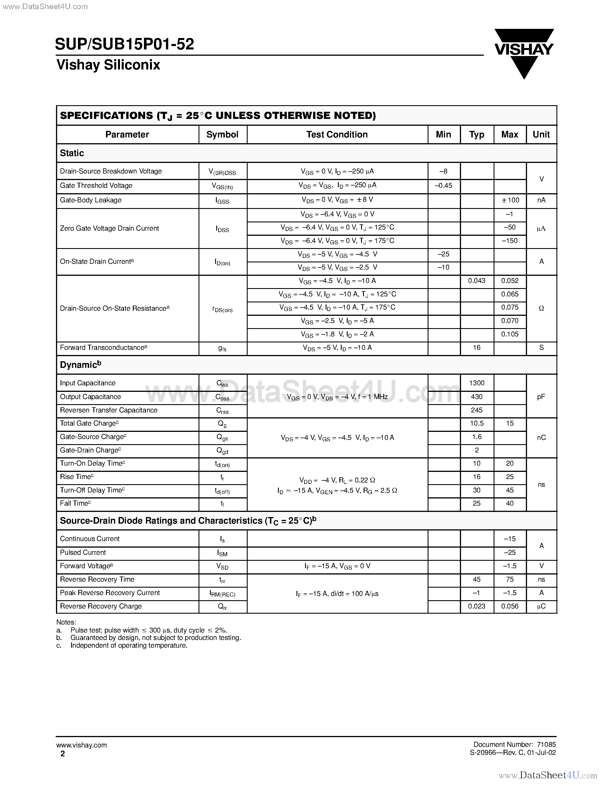 Даташит SUB15P01-52 - P-Channel MOSFET страница 2