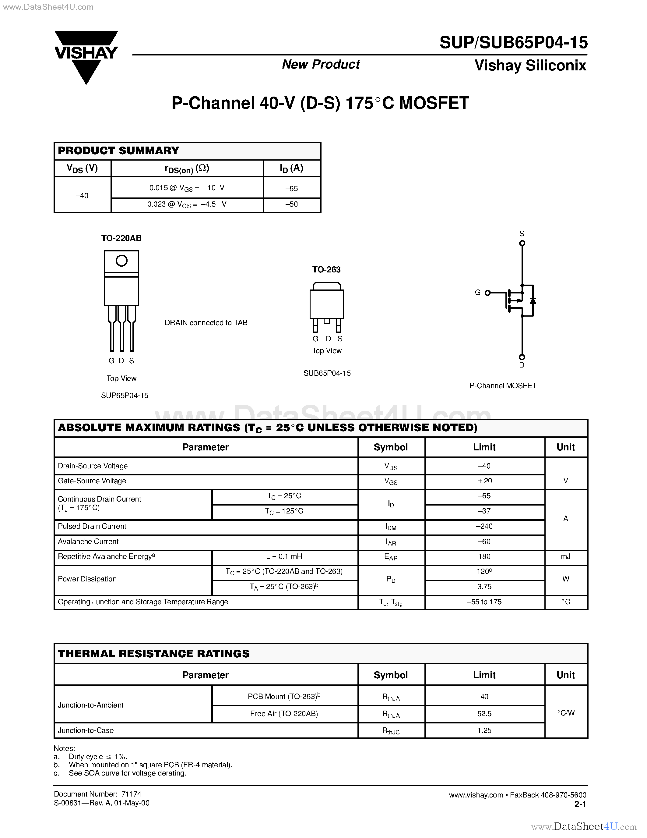 Даташит SUB65P04-15 - P-Channel MOSFET страница 1