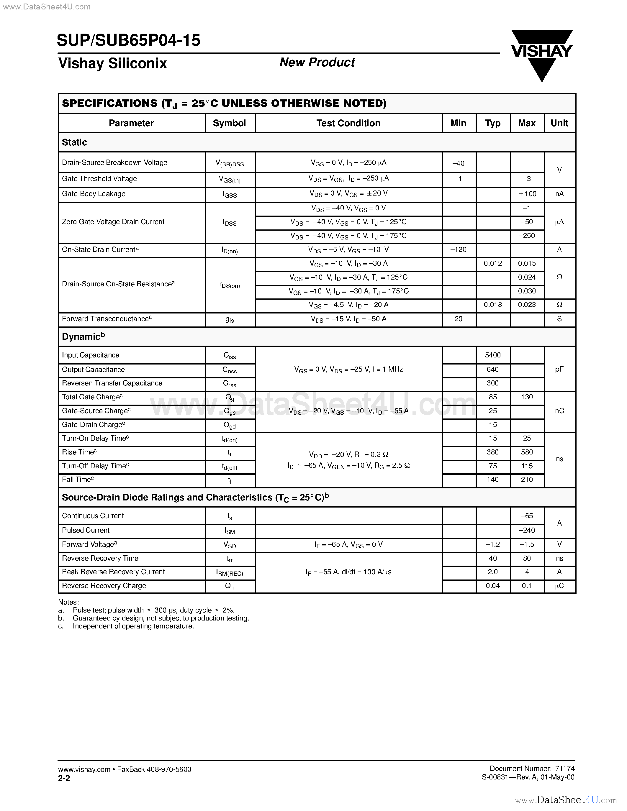 Даташит SUB65P04-15 - P-Channel MOSFET страница 2