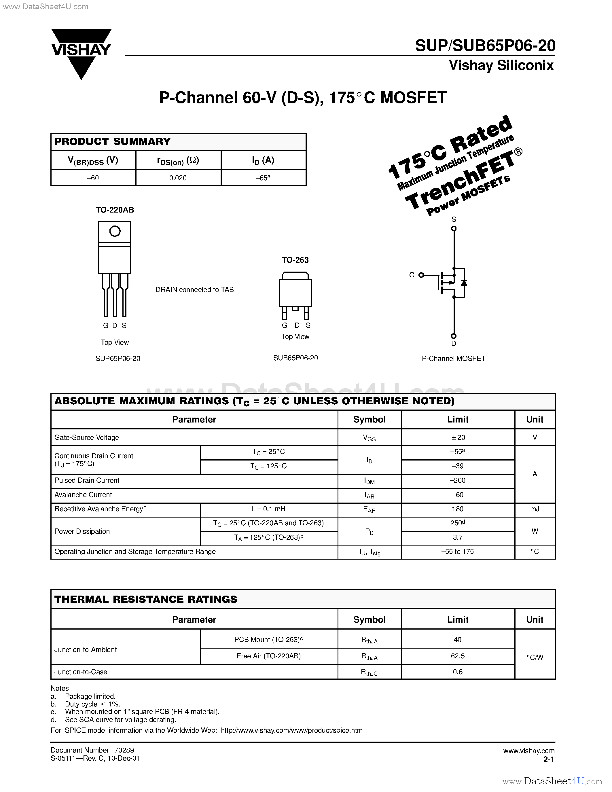 Даташит SUB65P06-20 - P-Channel MOSFET страница 1