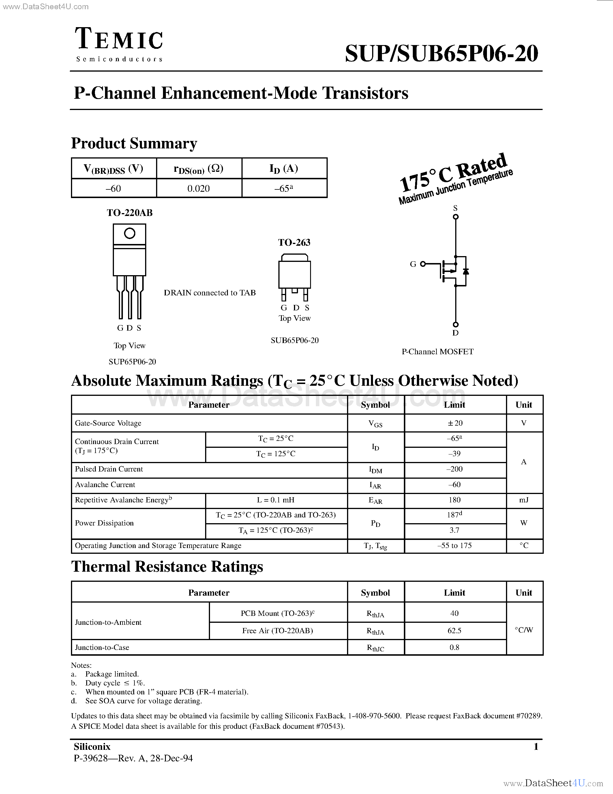 Даташит SUB65P06-20 - P-Channel Enhancement-Mode Transistors страница 1