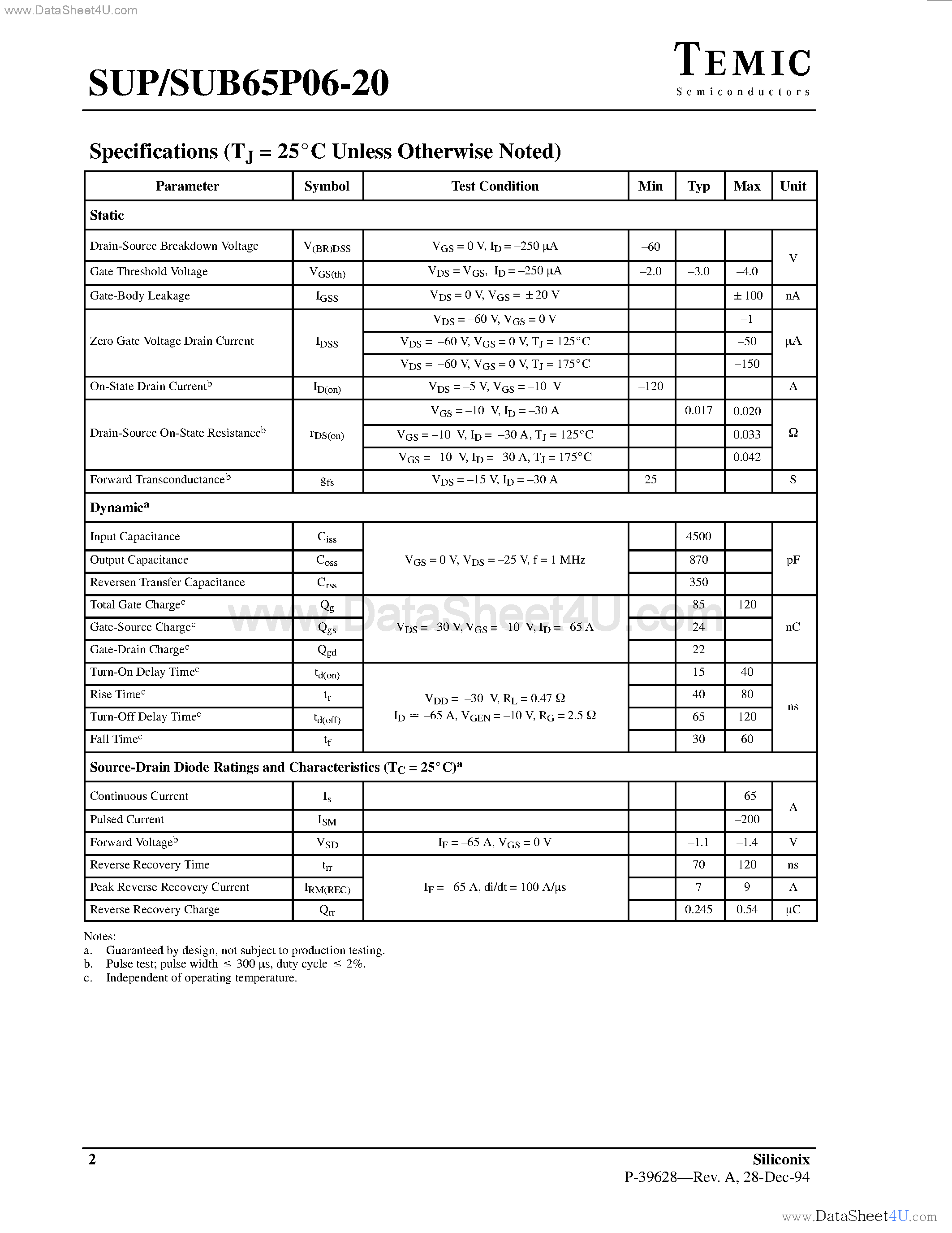 Даташит SUB65P06-20 - P-Channel Enhancement-Mode Transistors страница 2