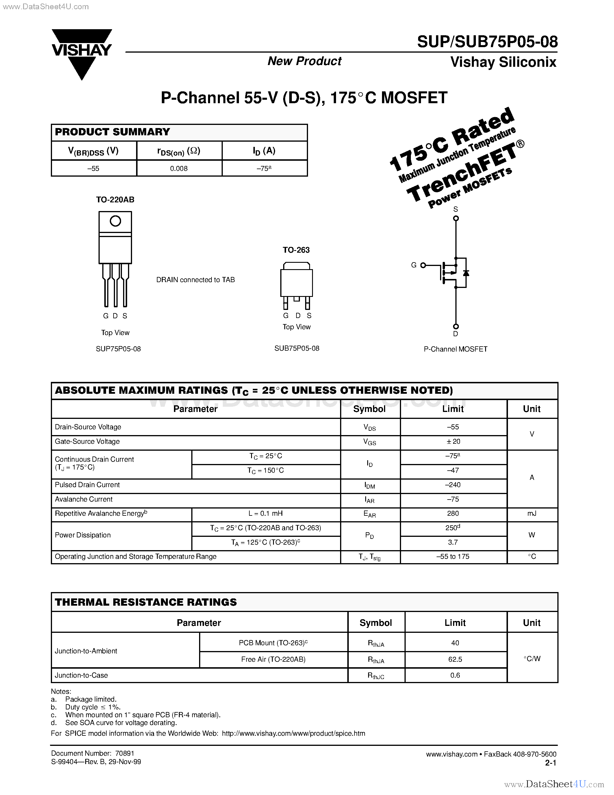 Даташит SUB75P05-08 - P-Channel MOSFET страница 1