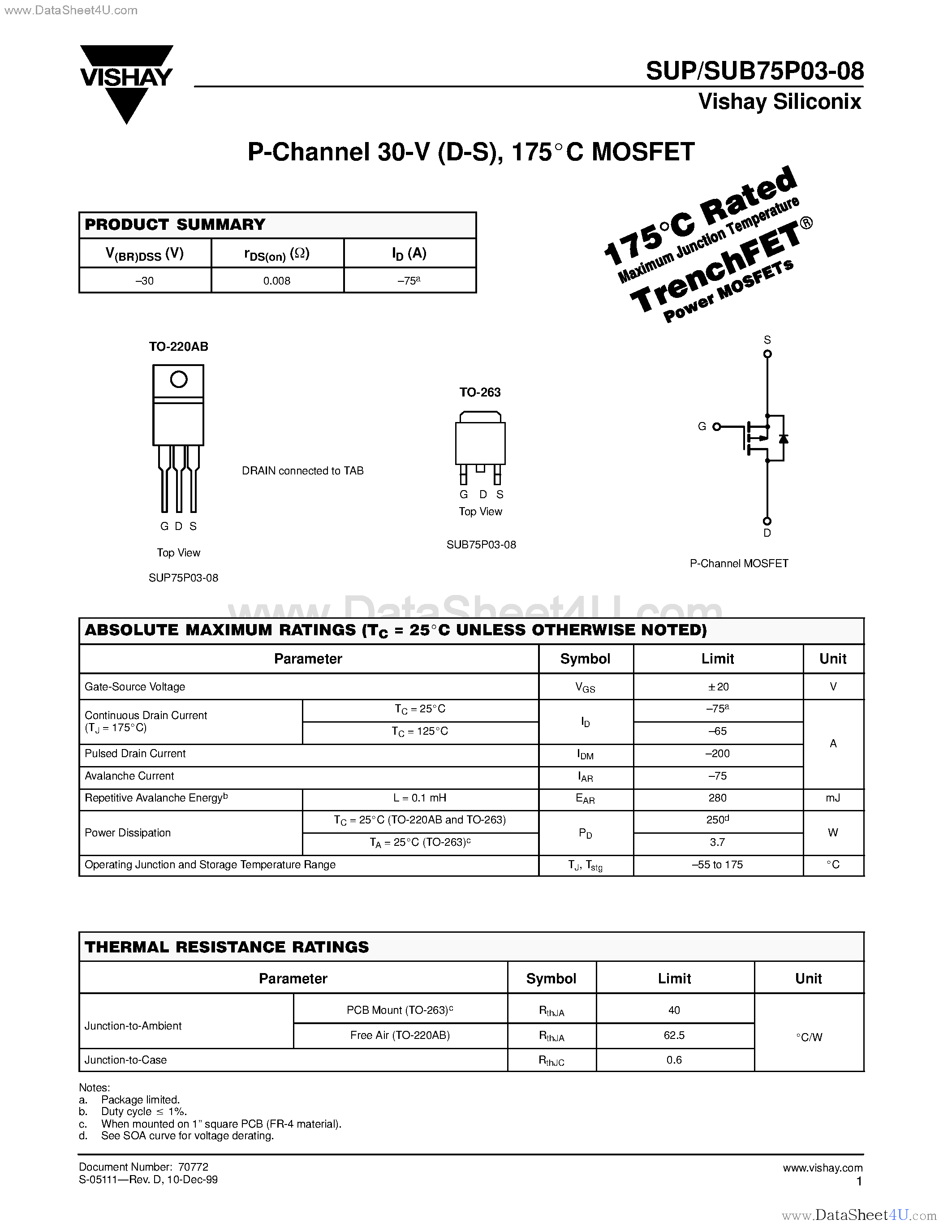 Даташит SUB75P03-08 - P-Channel MOSFET страница 1