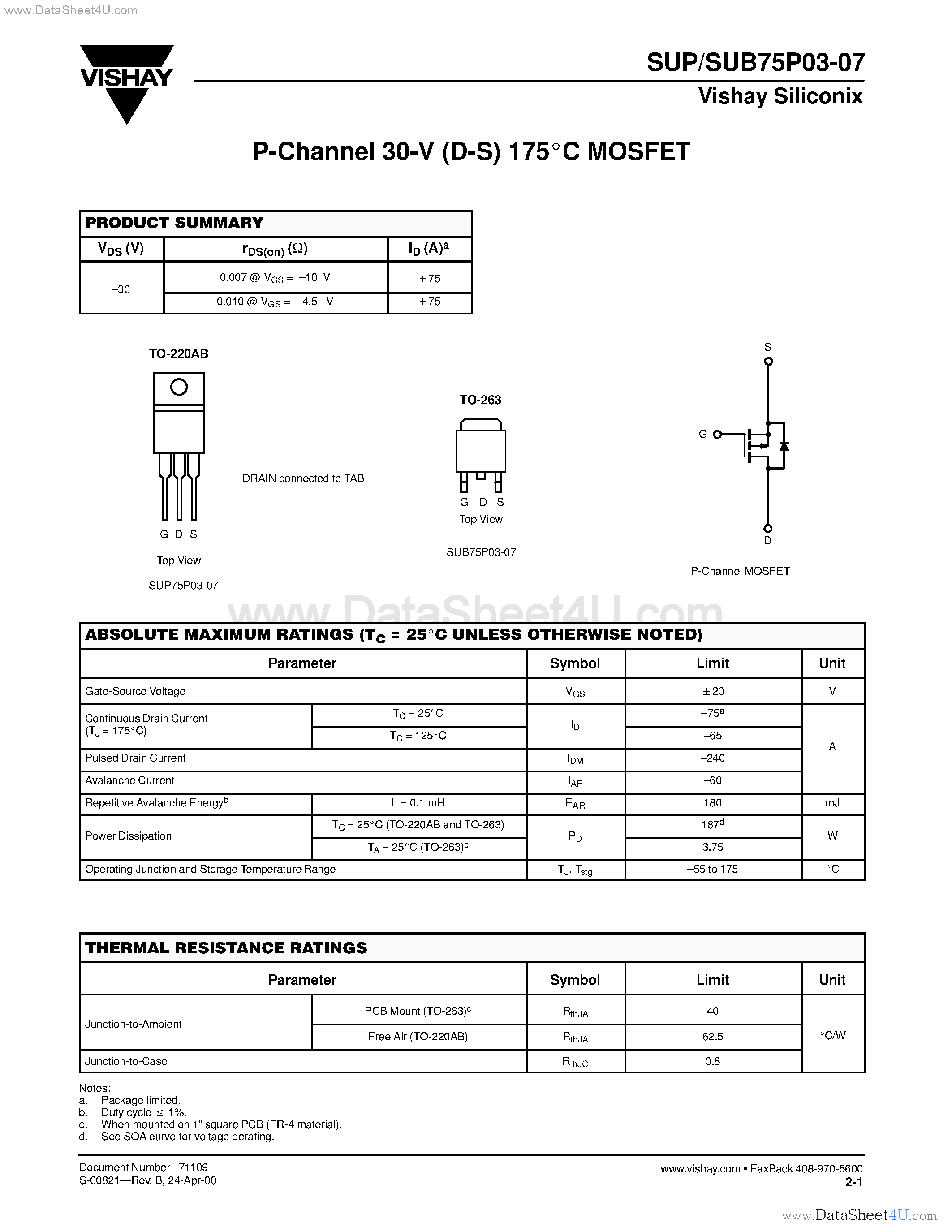 Даташит SUB75P03-07 - P-Channel MOSFET страница 1