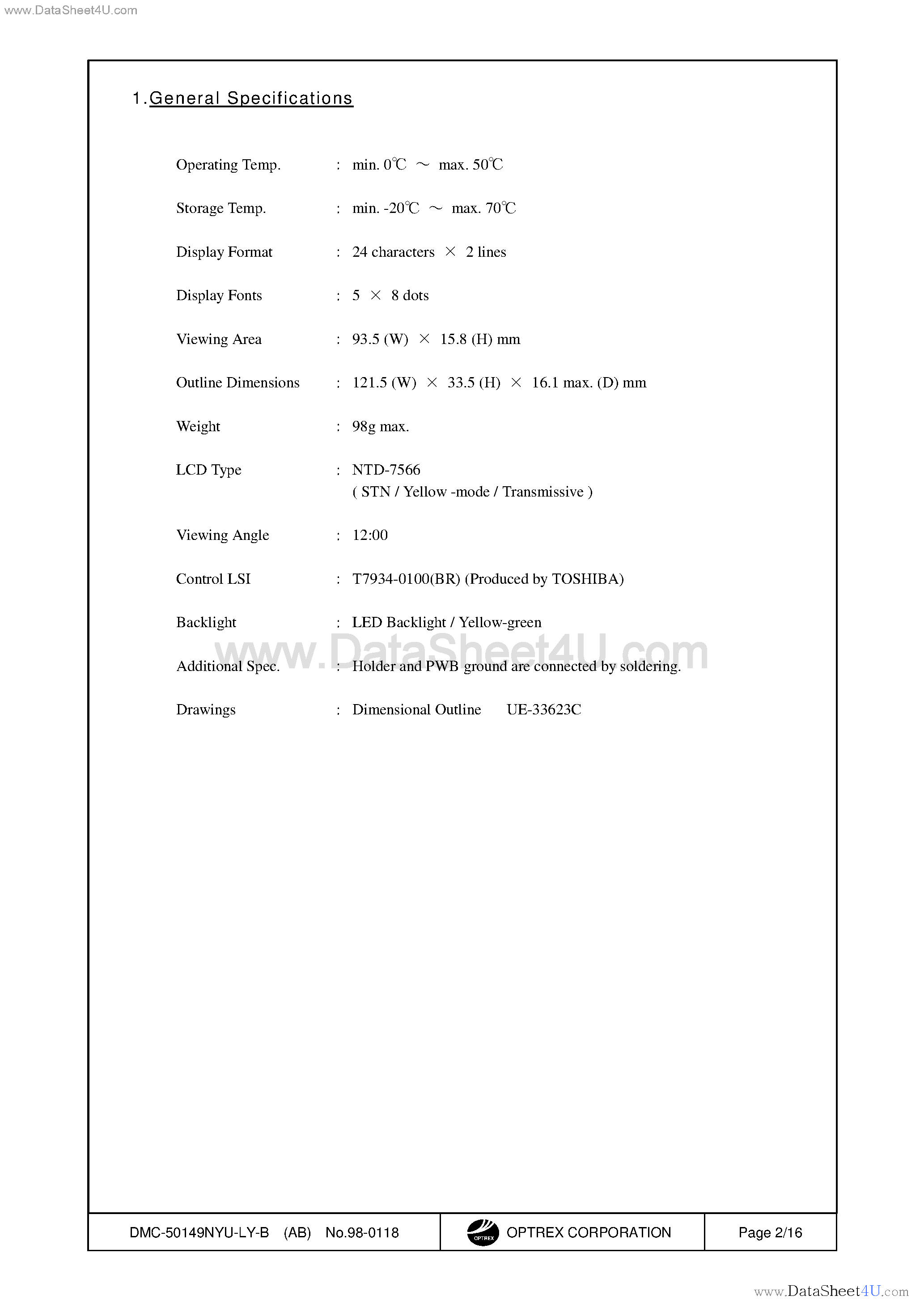 Datasheet DMC-50149NYU-LY-B - LCD Module page 2