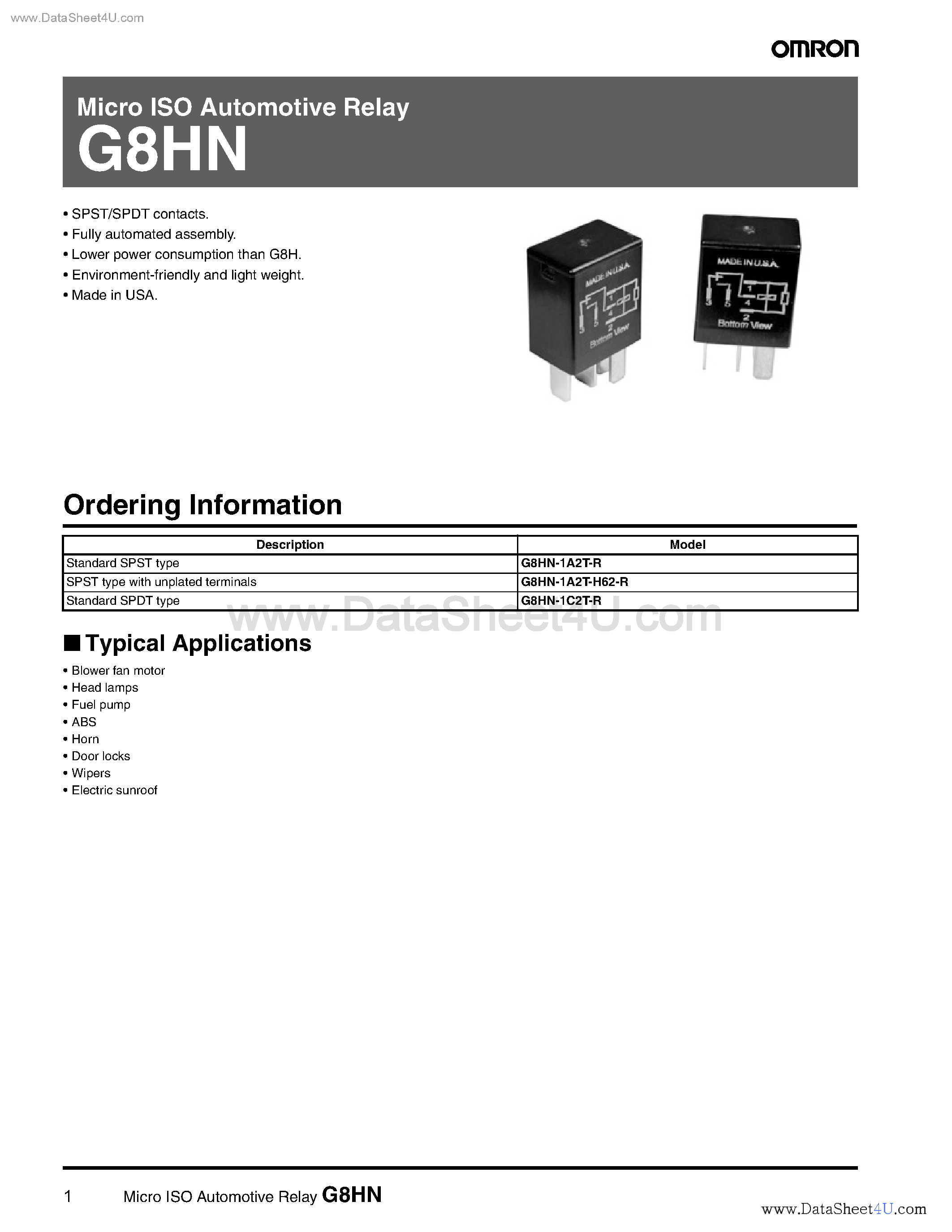 Datasheet G8HN - Micro ISO Automotive Relay page 1