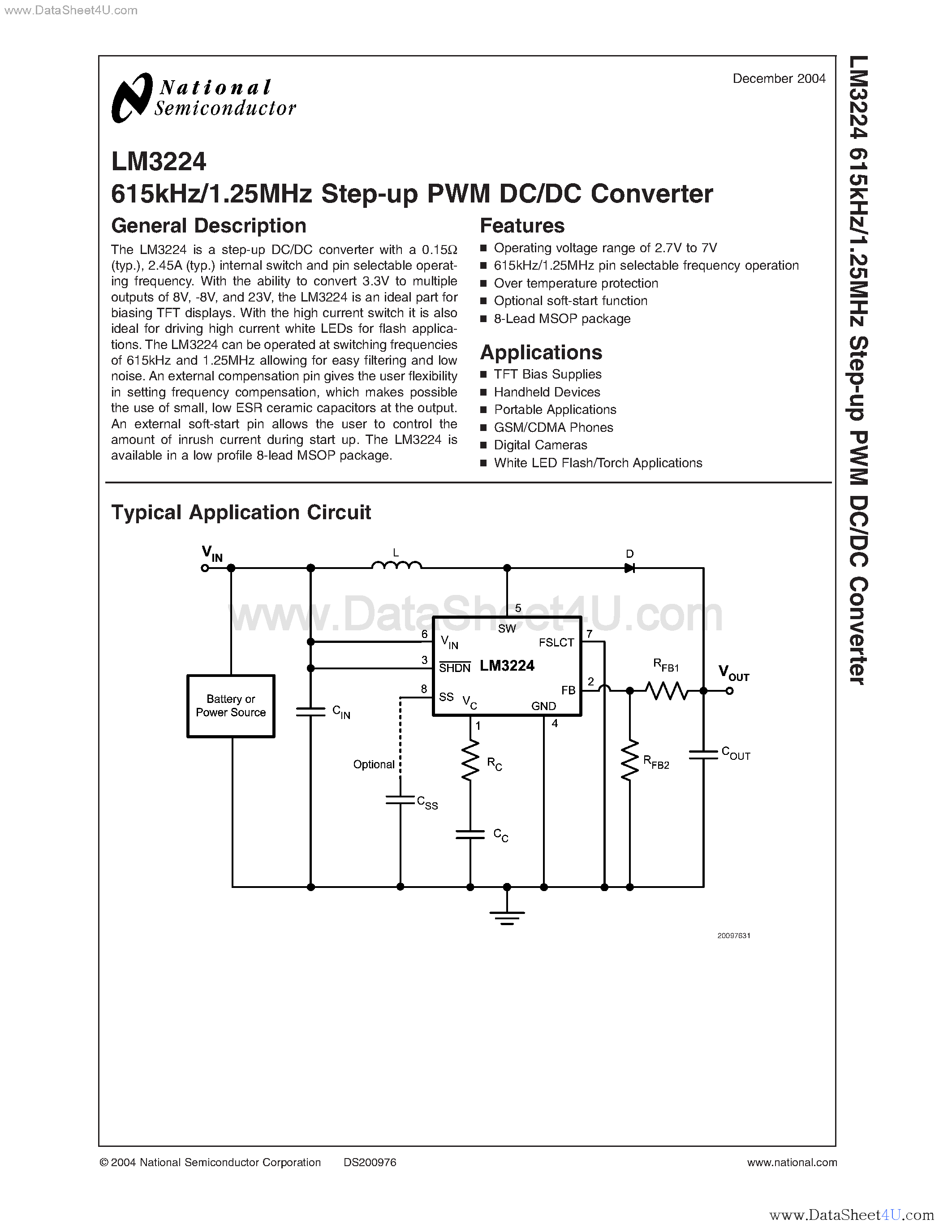 Datasheet LM3224 - 615kHz/1.25MHz Step-up PWM DC/DC Converter page 1