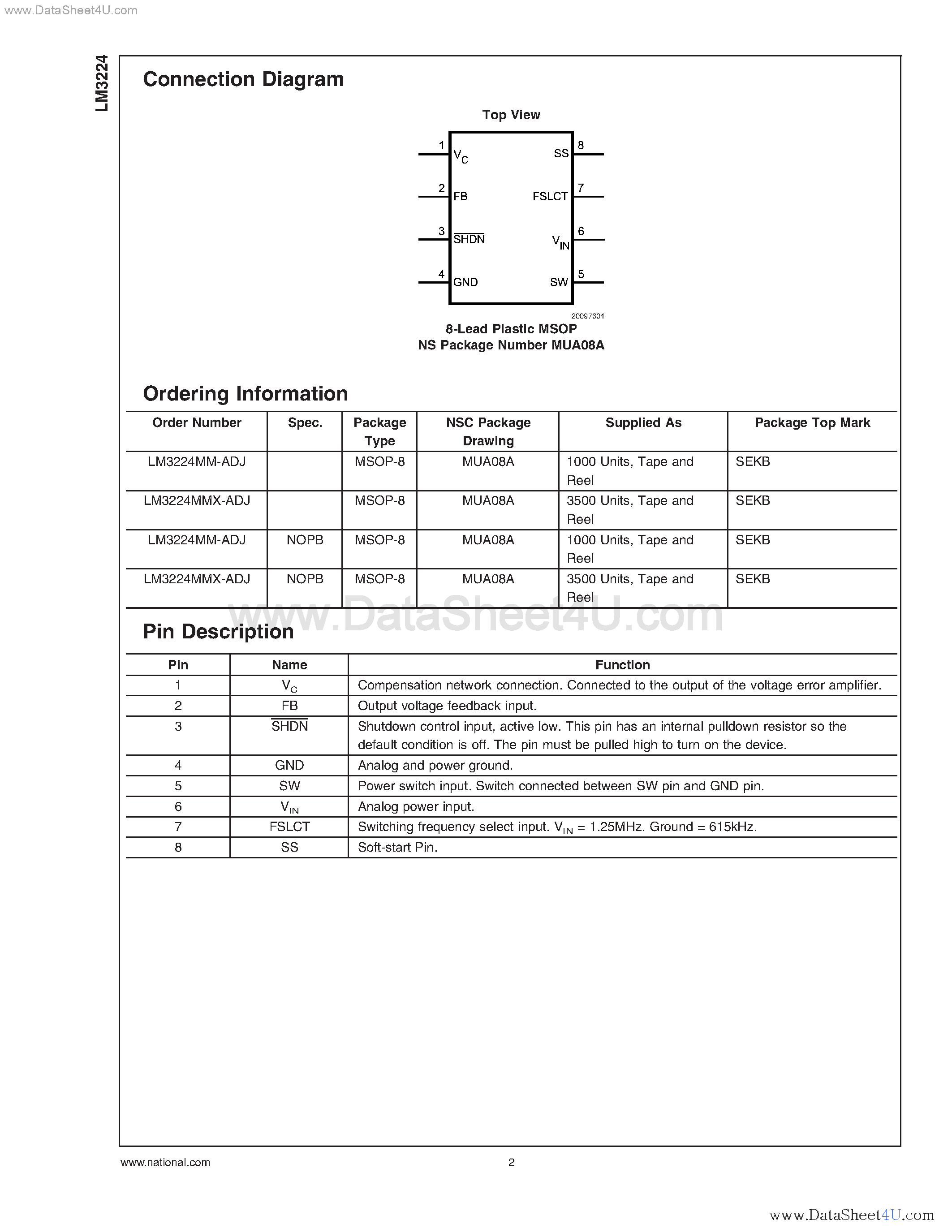 Datasheet LM3224 - 615kHz/1.25MHz Step-up PWM DC/DC Converter page 2