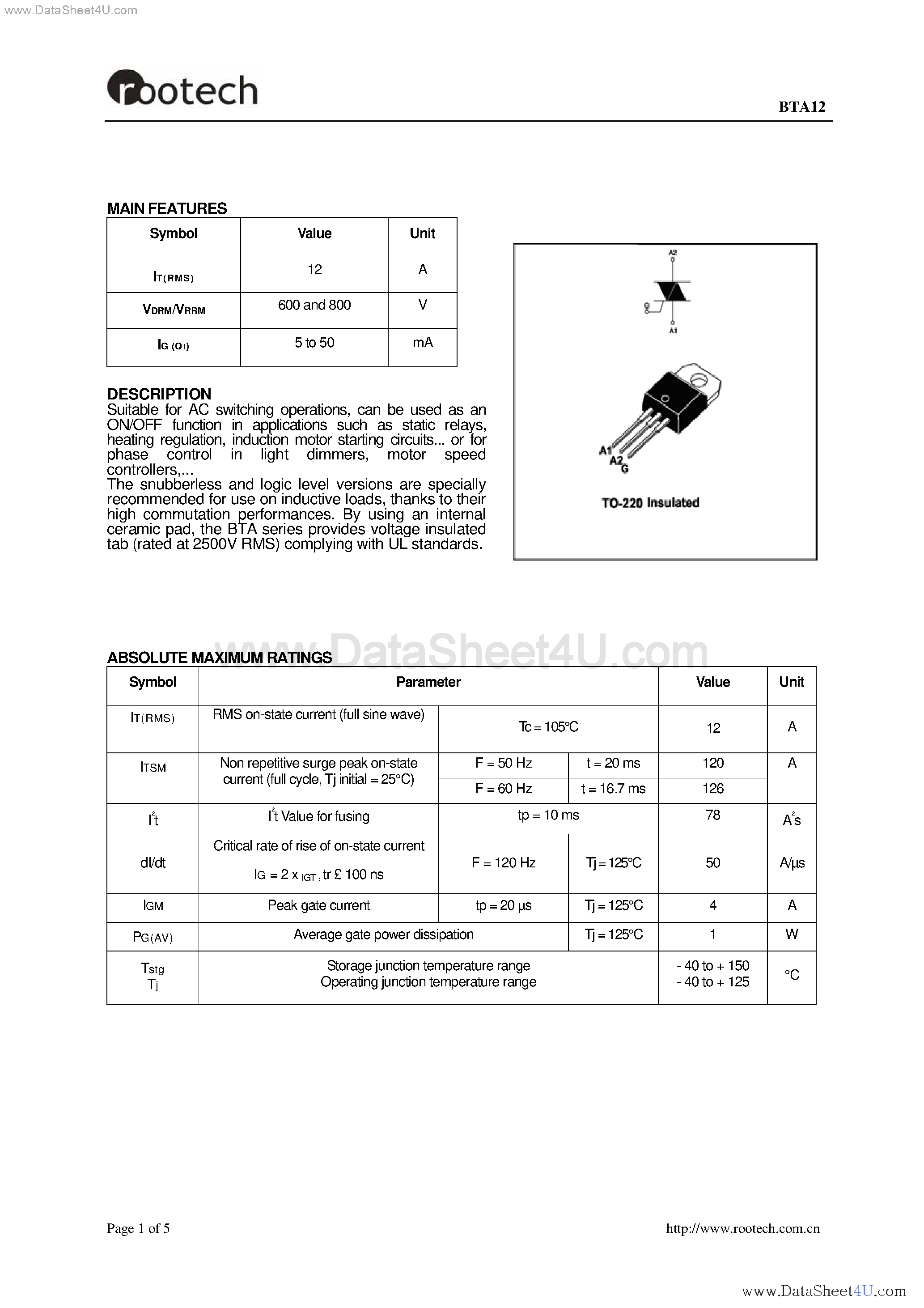 Datasheet BTA12 - TRIAC page 1