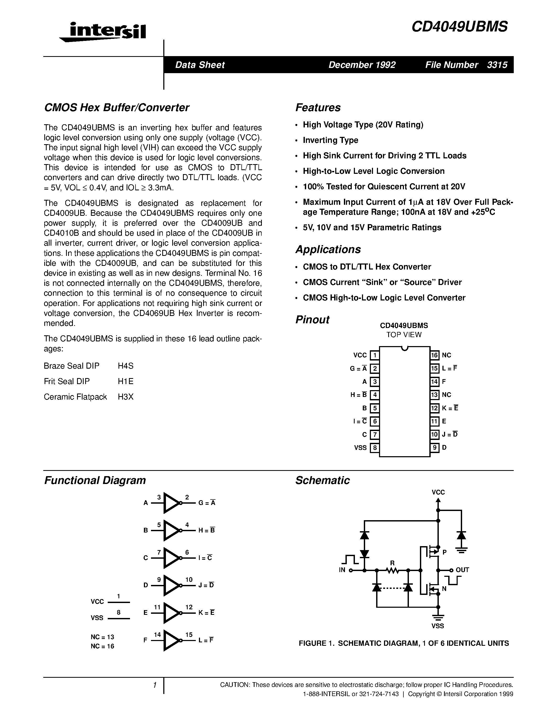 Datasheet CD4049BMS - CMOS Hex Buffer/Converter page 1