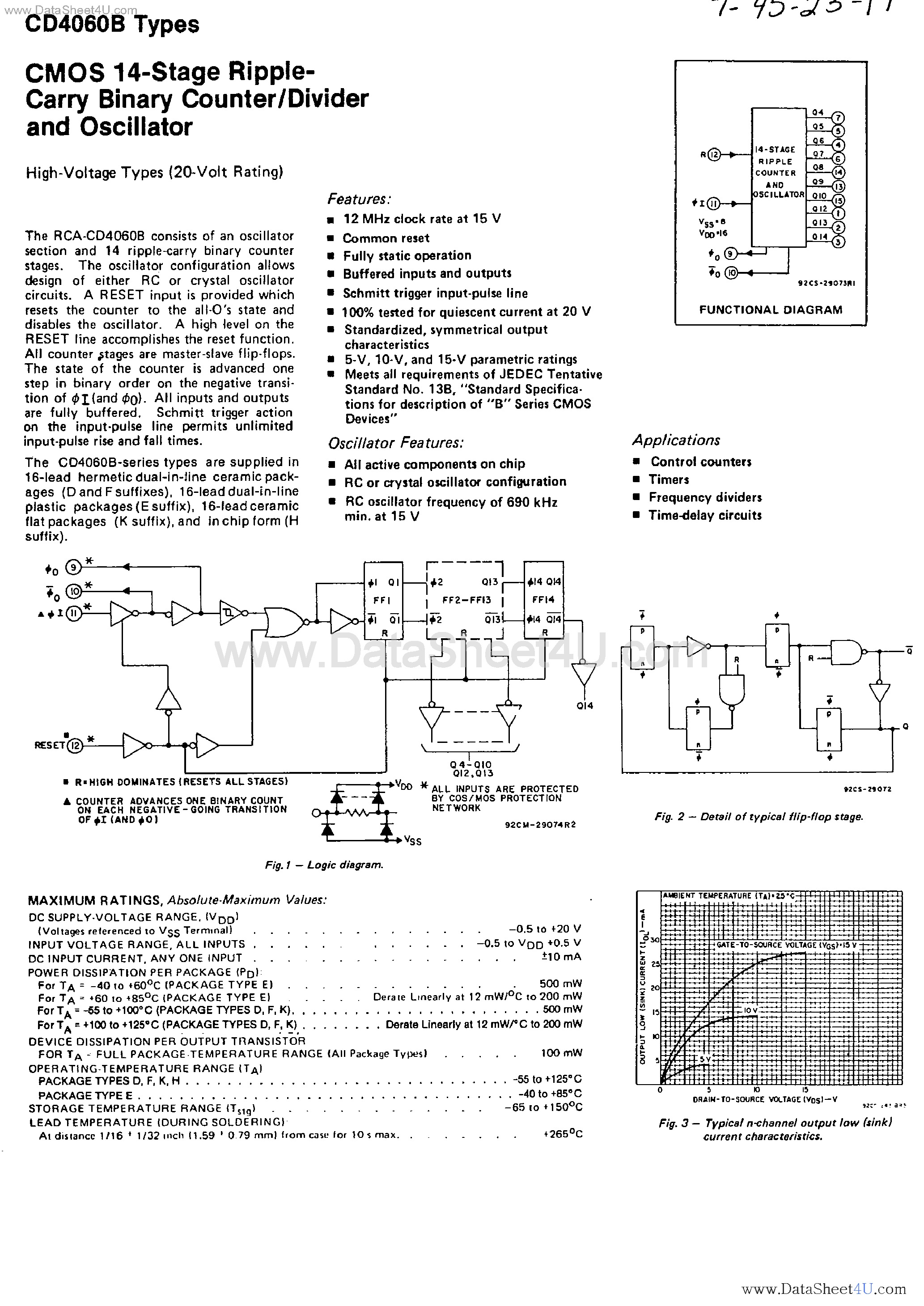 Datasheet CD4060B - CMOS 14-Stage Ripple Carry Binary Counter / Divider and Oscillator page 1