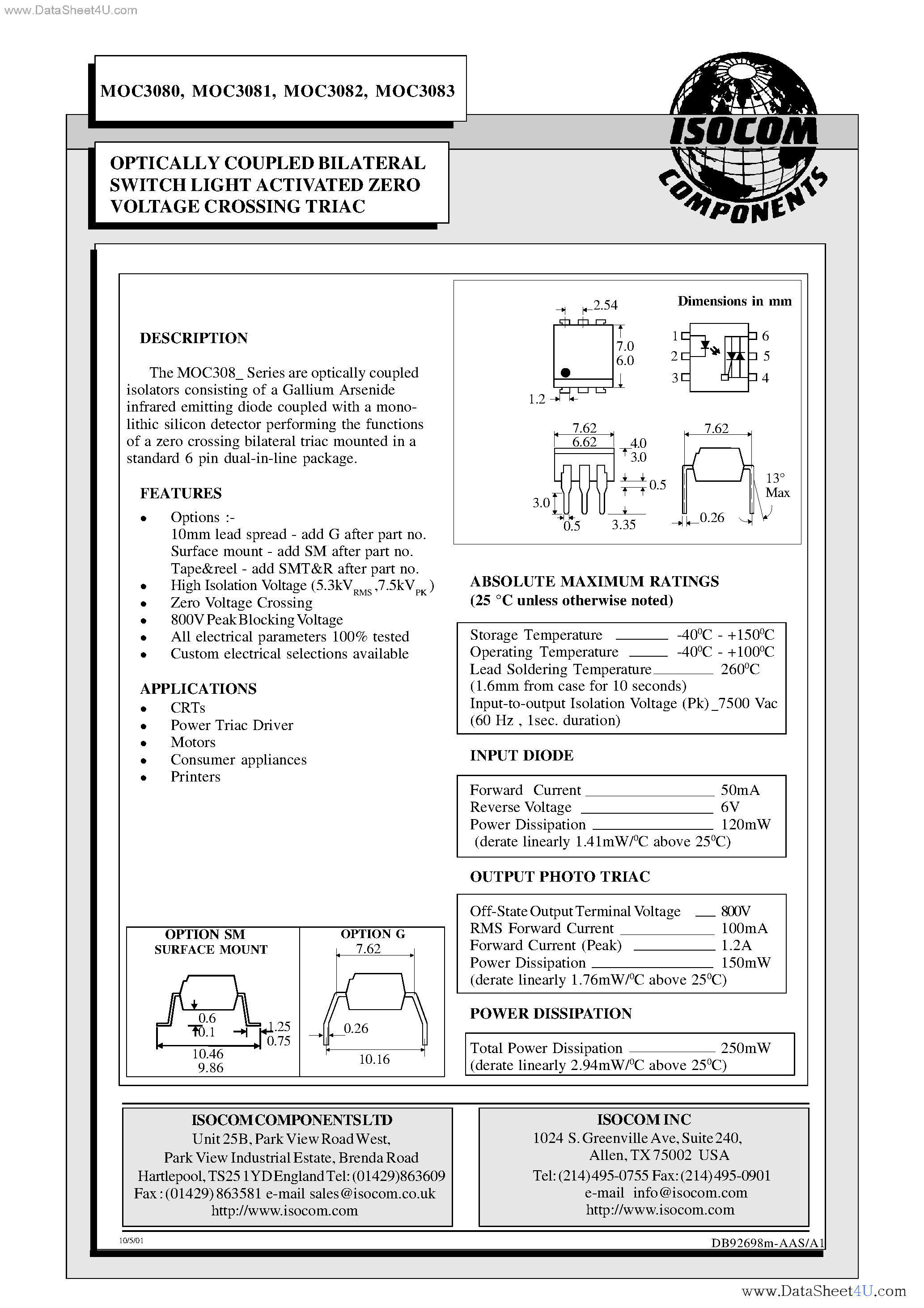 Даташит MOC3080 - (MOC3080 -MOC3083) OPTICALLY COUPLED BILATERAL SWITCH LIGHT ACTIVATED ZERO VOLTAGE CROSSING TRIAC страница 1