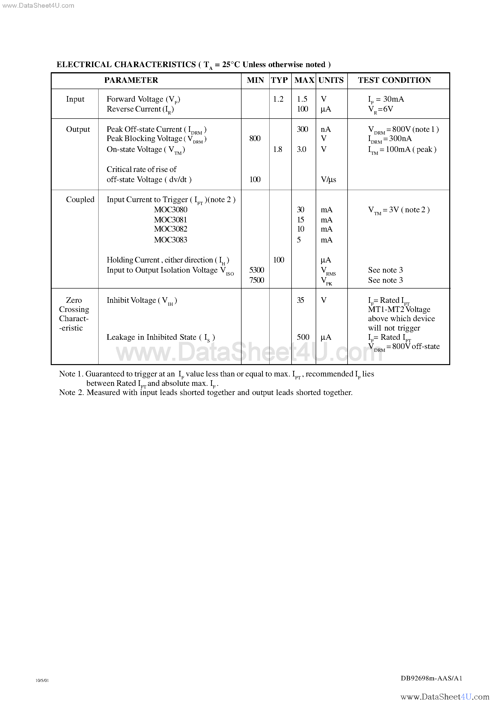 Даташит MOC3080 - (MOC3080 -MOC3083) OPTICALLY COUPLED BILATERAL SWITCH LIGHT ACTIVATED ZERO VOLTAGE CROSSING TRIAC страница 2