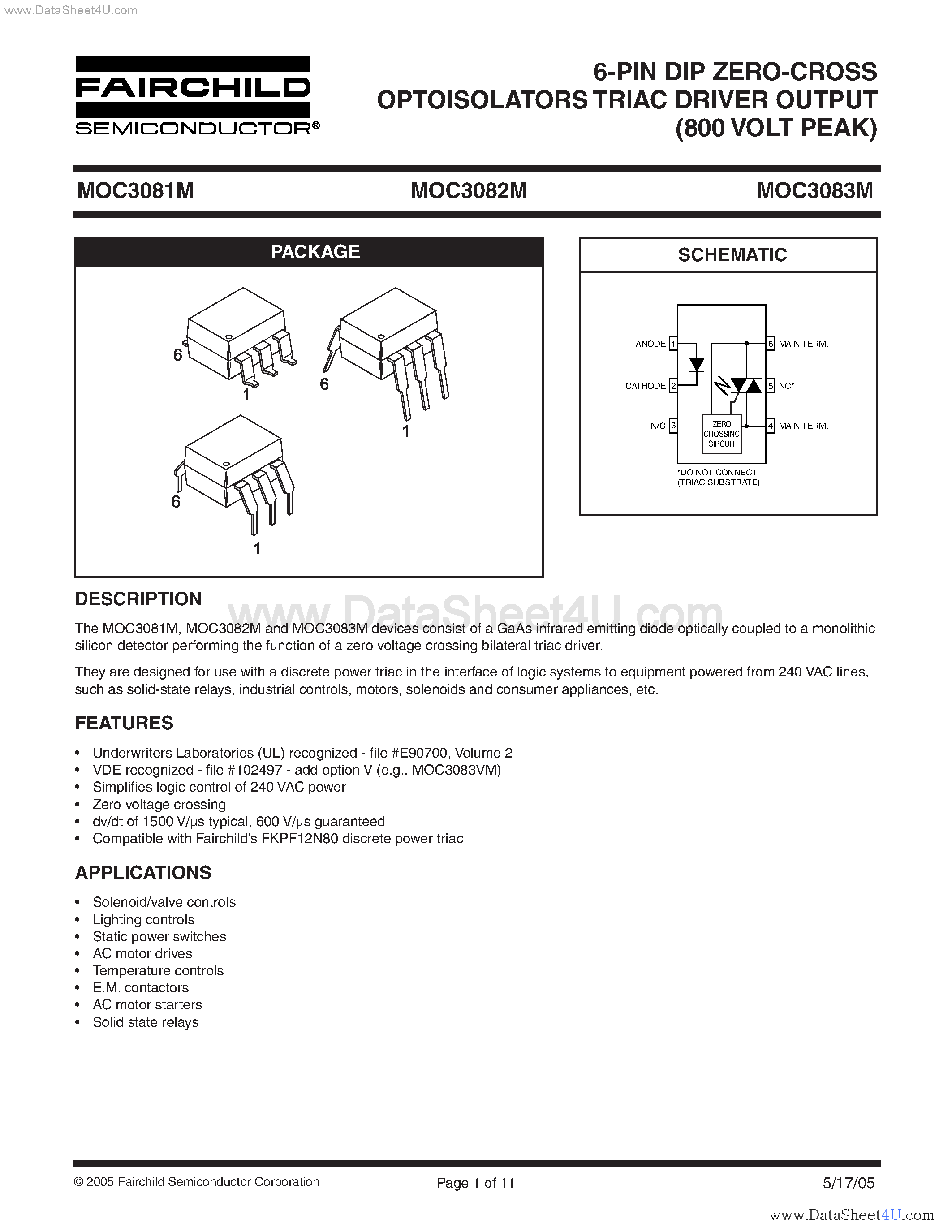 Даташит MOC3081M - (MOC3081M - MOC3083M) 6-Pin DIP Zero-C Cross Optoisolators Triac Driver Output страница 1