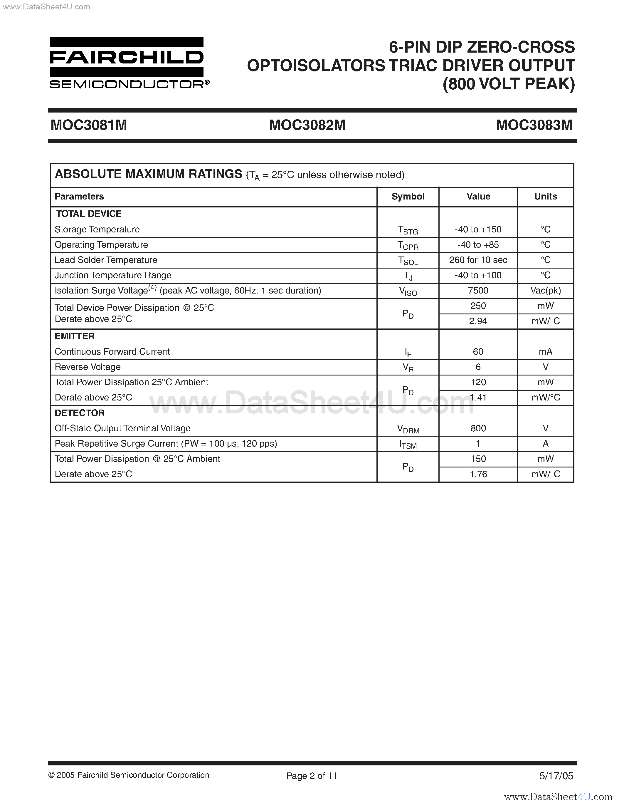 Даташит MOC3081M - (MOC3081M - MOC3083M) 6-Pin DIP Zero-C Cross Optoisolators Triac Driver Output страница 2