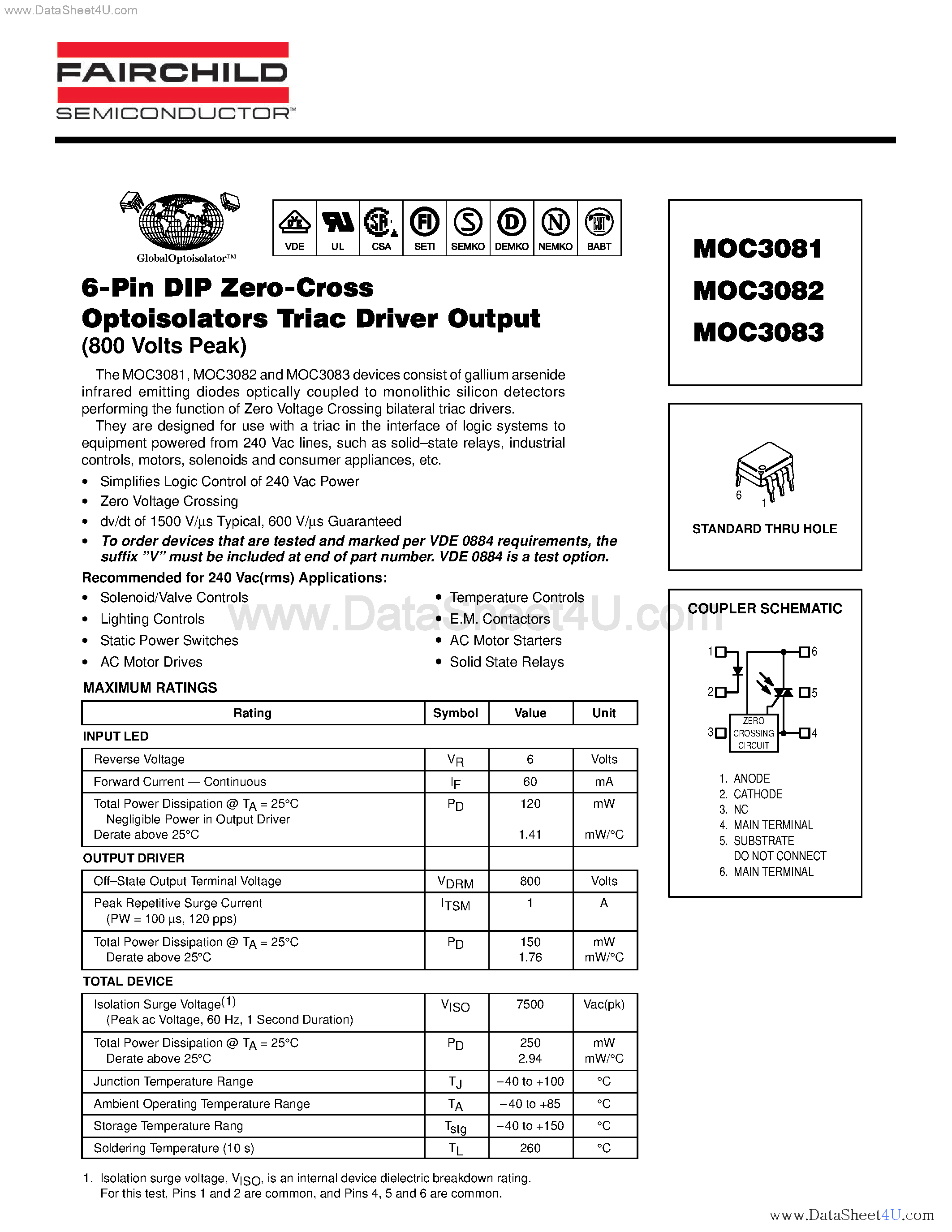 Даташит MOC3081 - (MOC3081 - MOC3083) 6-Pin DIP Zero-C Cross Optoisolators Triac Driver Output страница 1