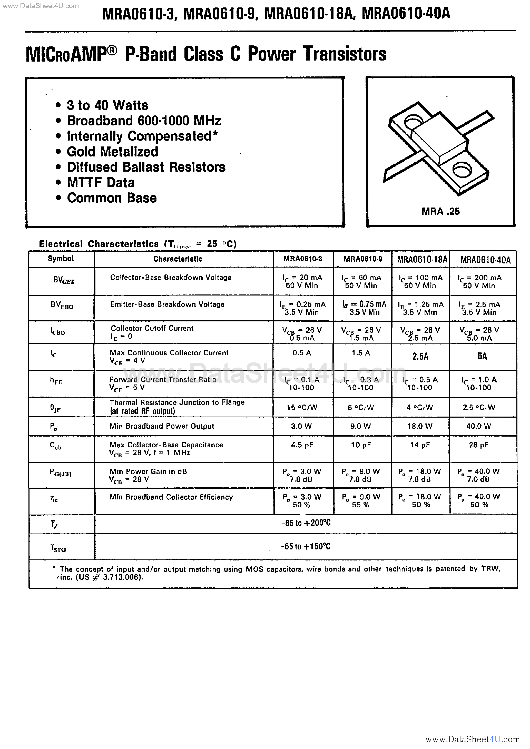 Datasheet MRA0610-18A - (MRA0610-xxx) P-Band Class C Power Transistors page 1