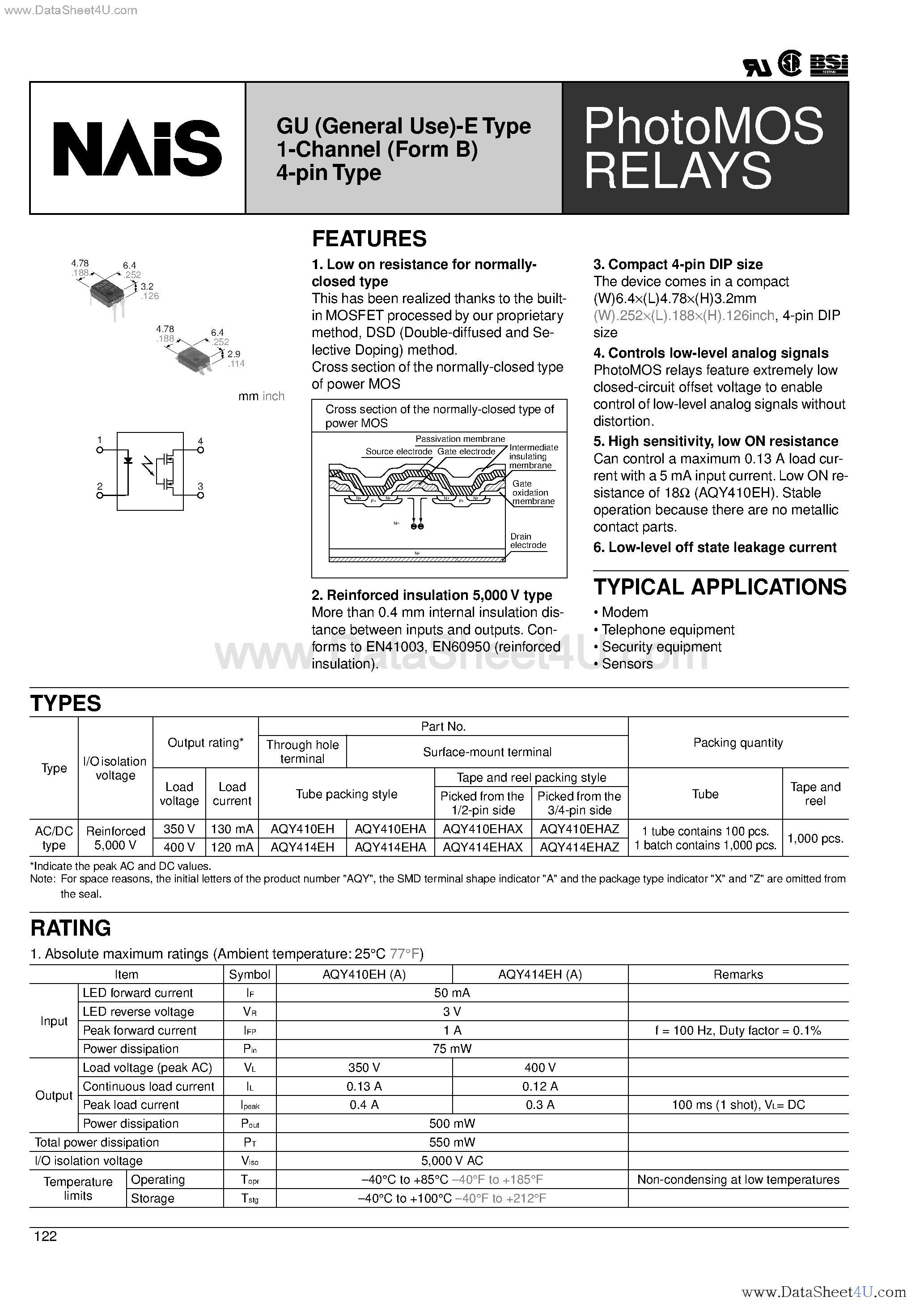 Datasheet AQY410EH - GU (General Use)-E Type 1-Channel (Form B) 4-pin Type page 1