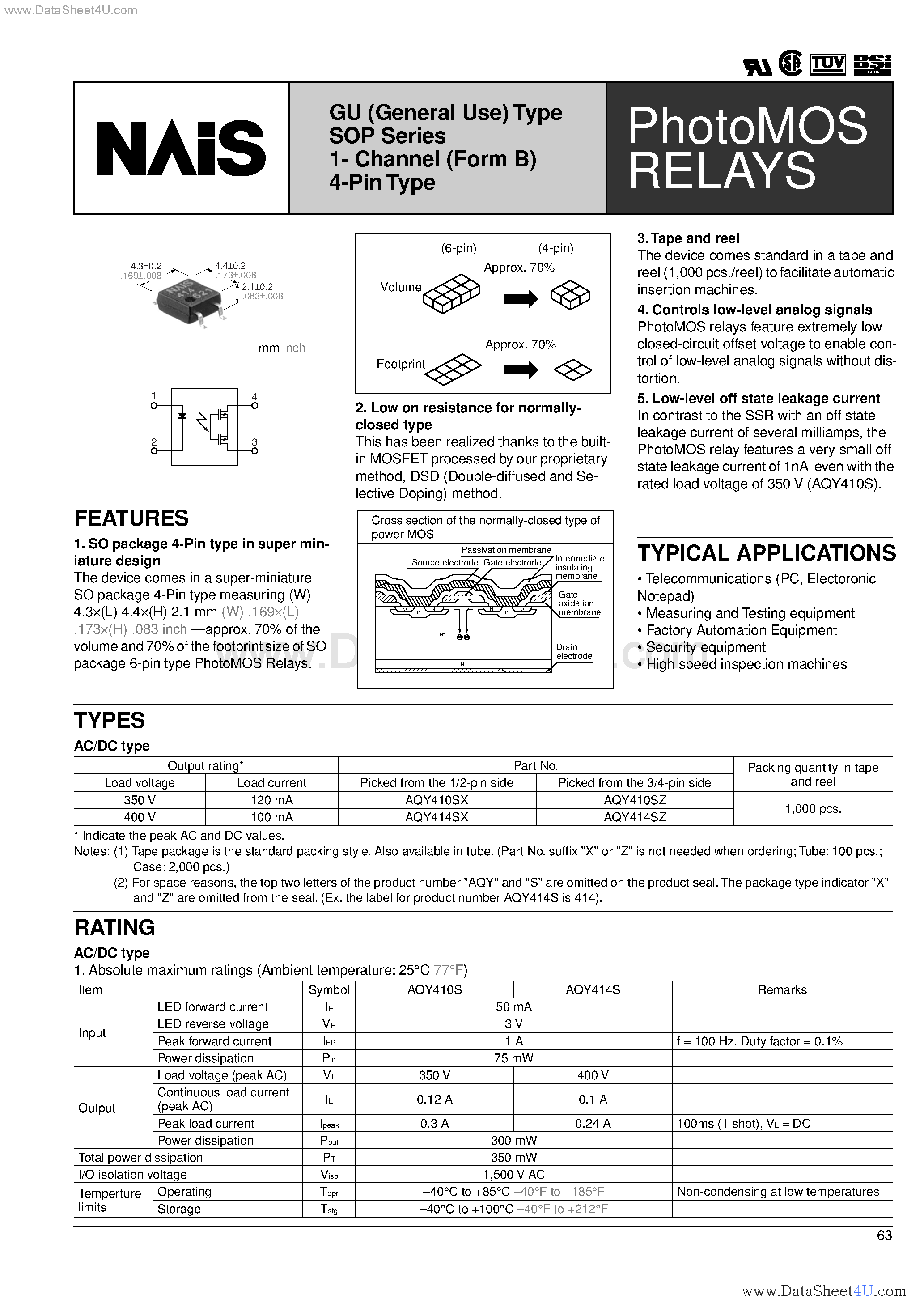 Datasheet AQY410SX - GU (General Use) Type SOP Series 1- Channel (Form B) 4-Pin Type page 1