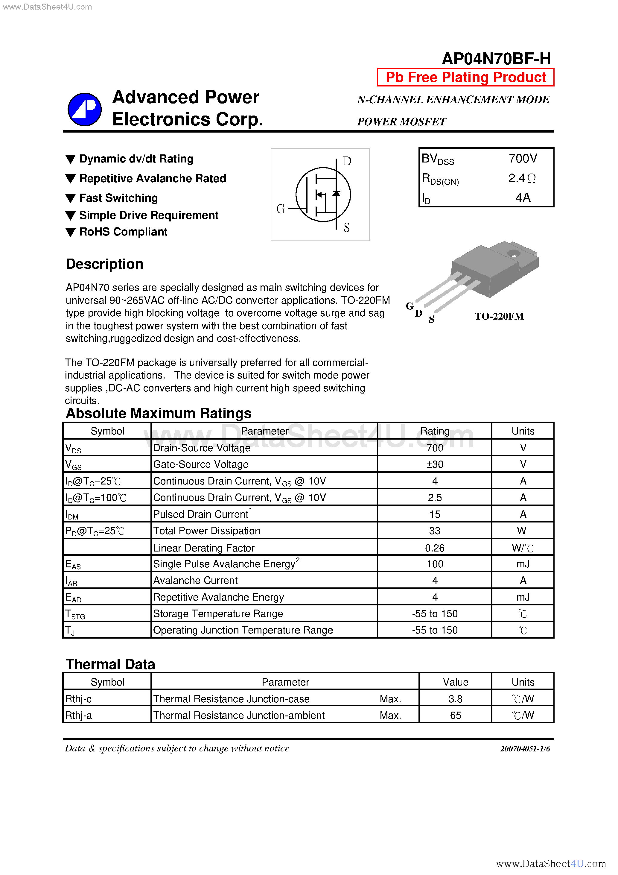 Даташит AP04N70BF-H - N-CHANNEL ENHANCEMENT MODE POWER MOSFET страница 1