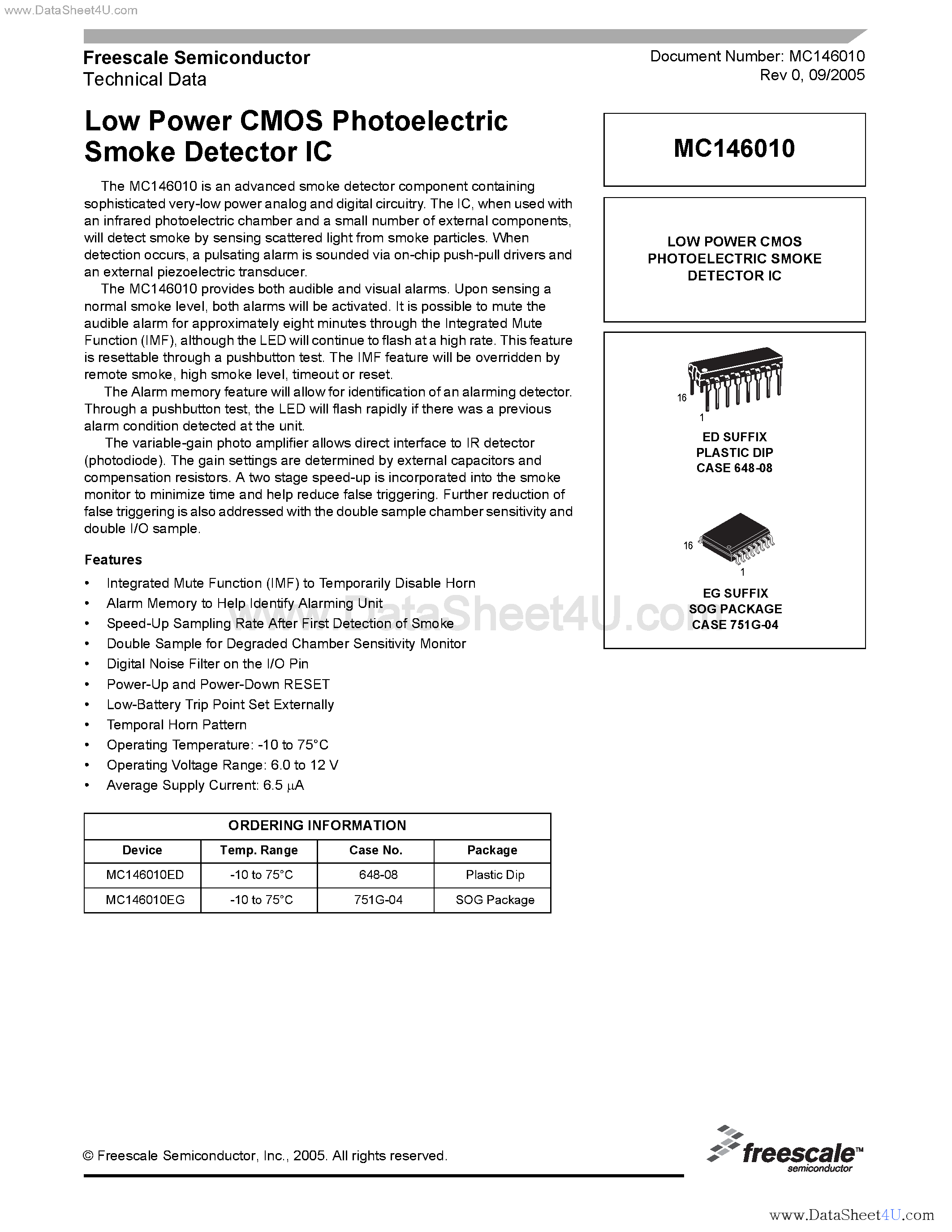 Datasheet MC146010 - Low Power CMOS Photoelectric Smoke Detector IC page 1