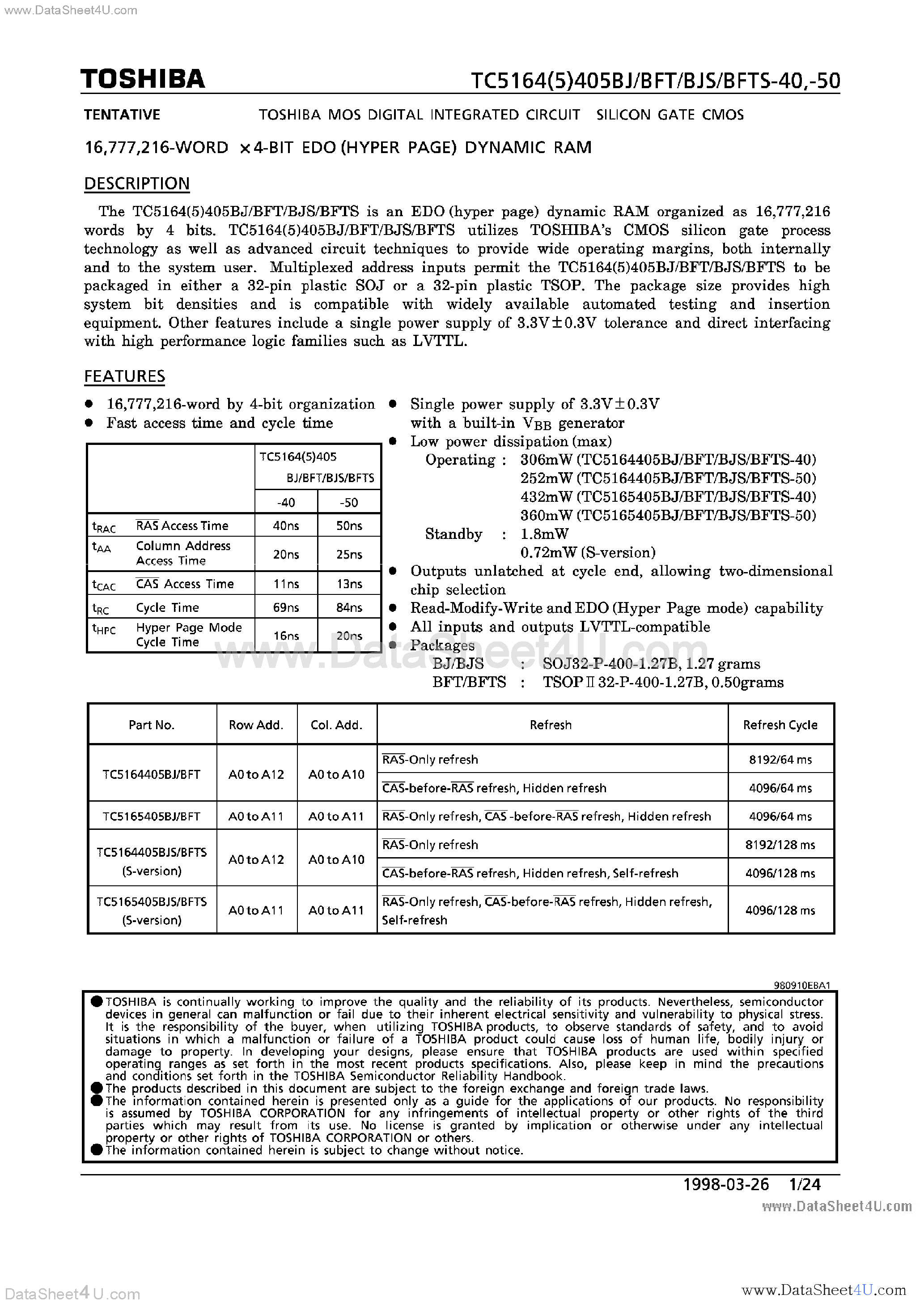 Datasheet TC5164405BFT - (TC516x405Bxx) EDO DRAM page 1