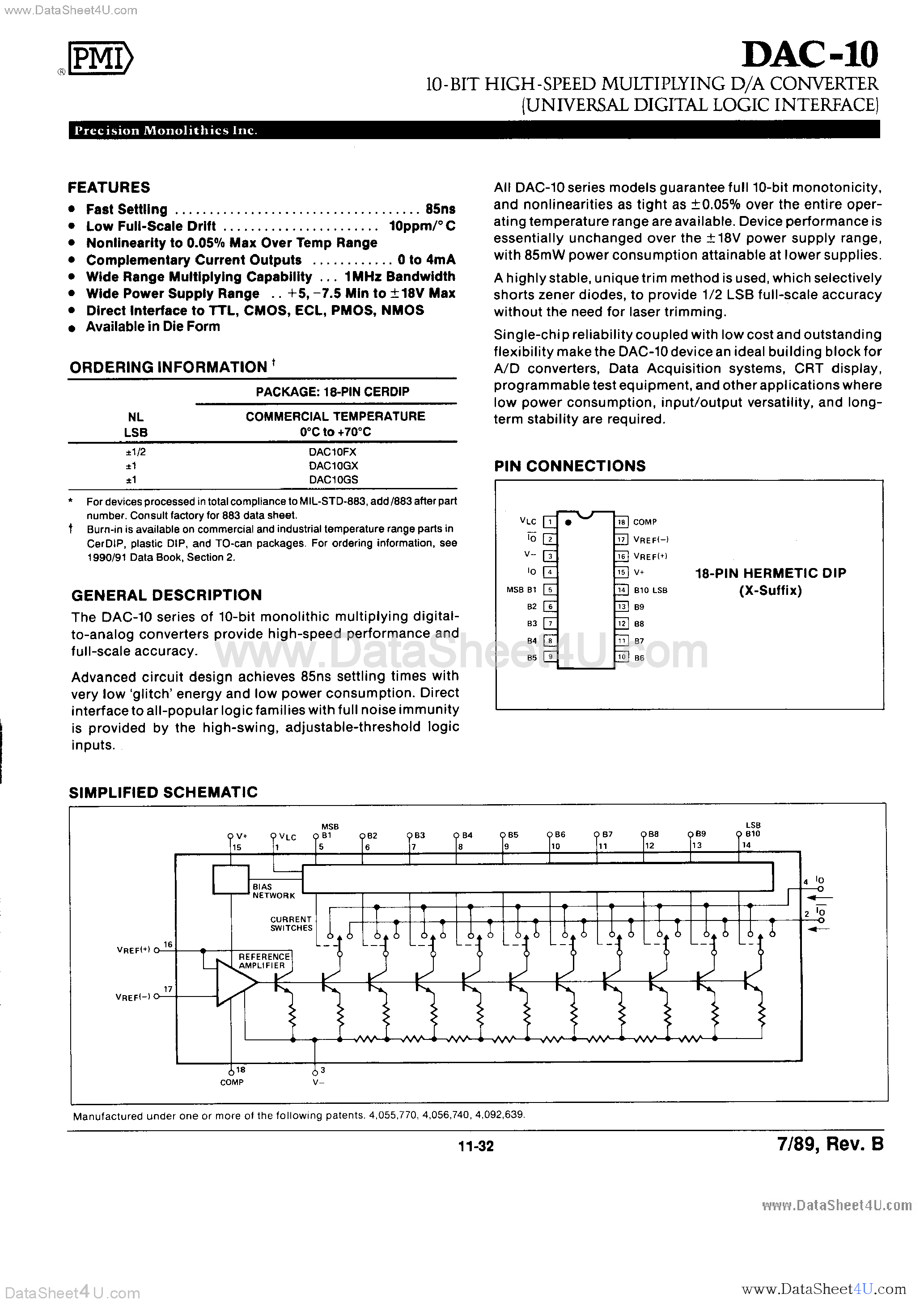 Datasheet DAC-10 - 10-Bit High SPeed Multiplying D/A Converter page 1