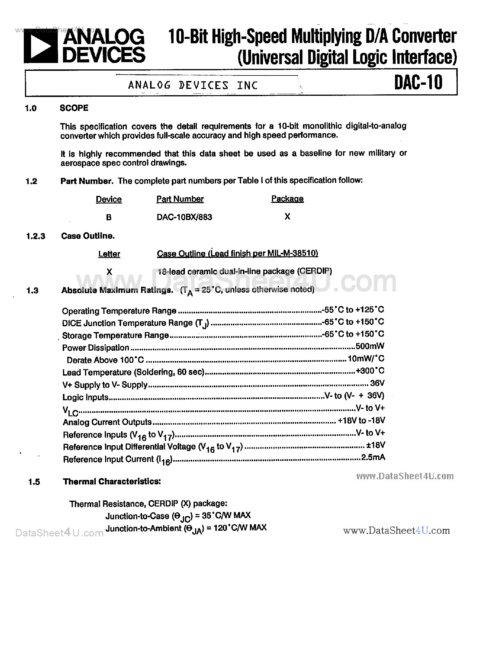 Datasheet DAC-10 - 10-Bit High Speed Multiplying D/A Converter page 1