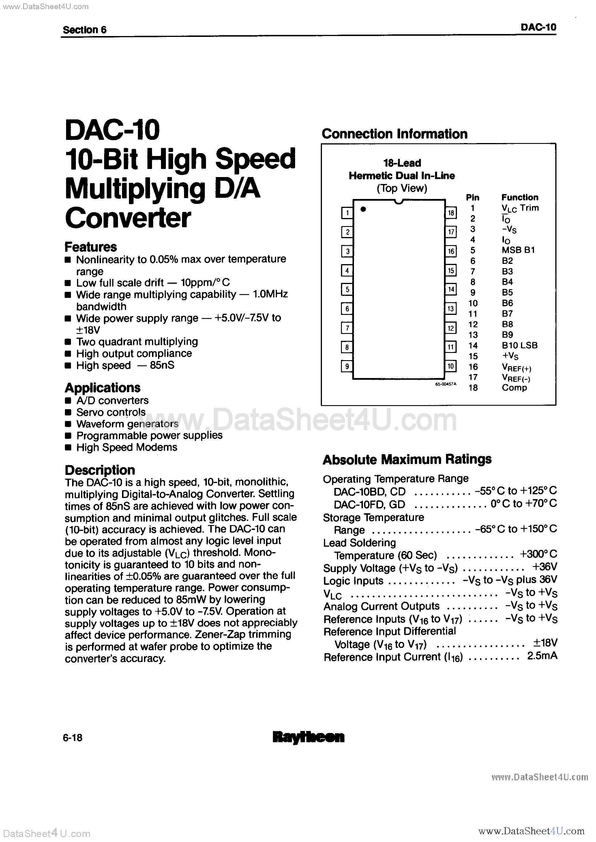 Datasheet DAC-10 - 10-Bit High Speed Multiplying D/A Converter page 1