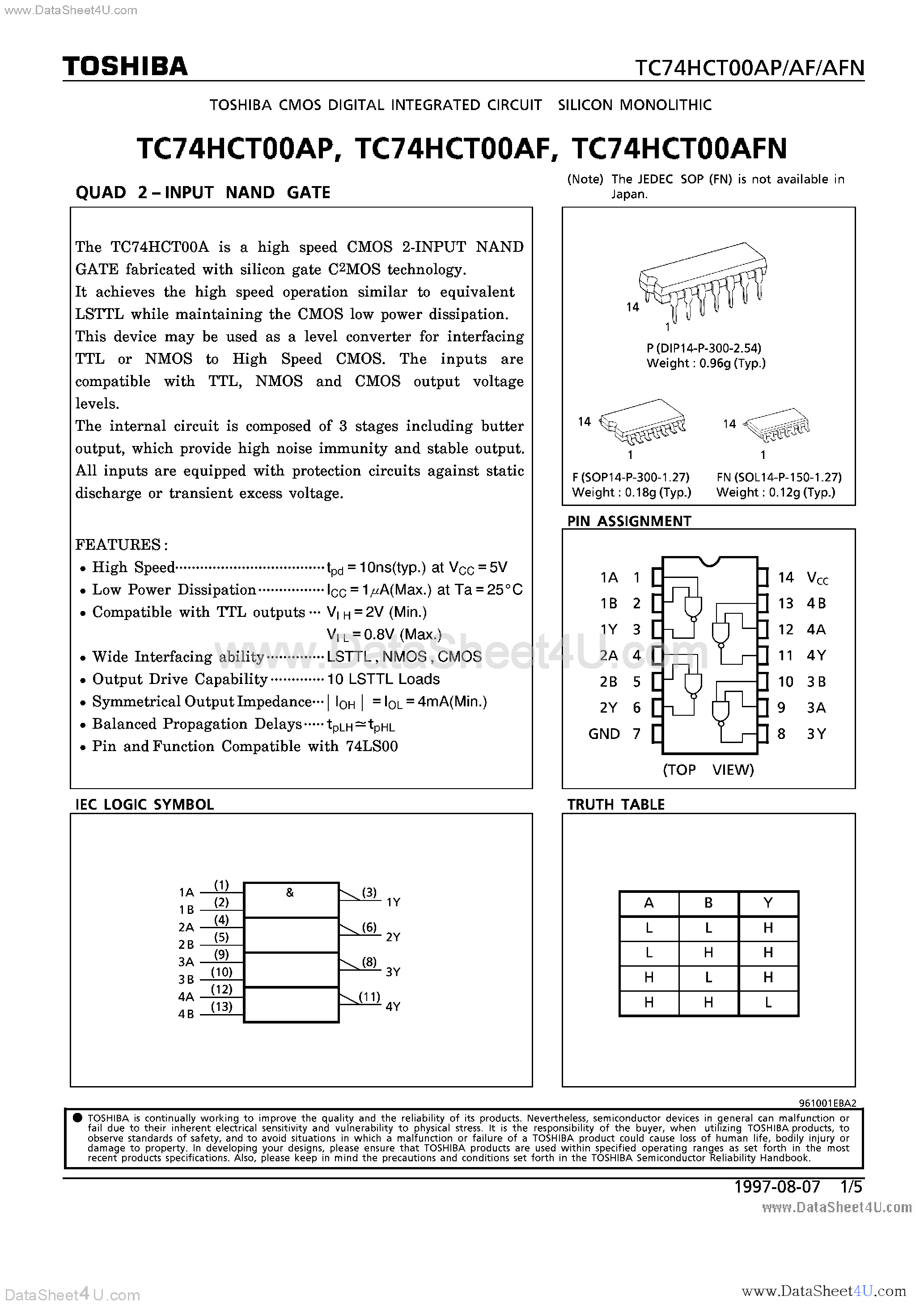 Даташит TC74HCT00AF - (TC74HCT00Axx) QUAD 2-INPUT NAND GATE страница 1