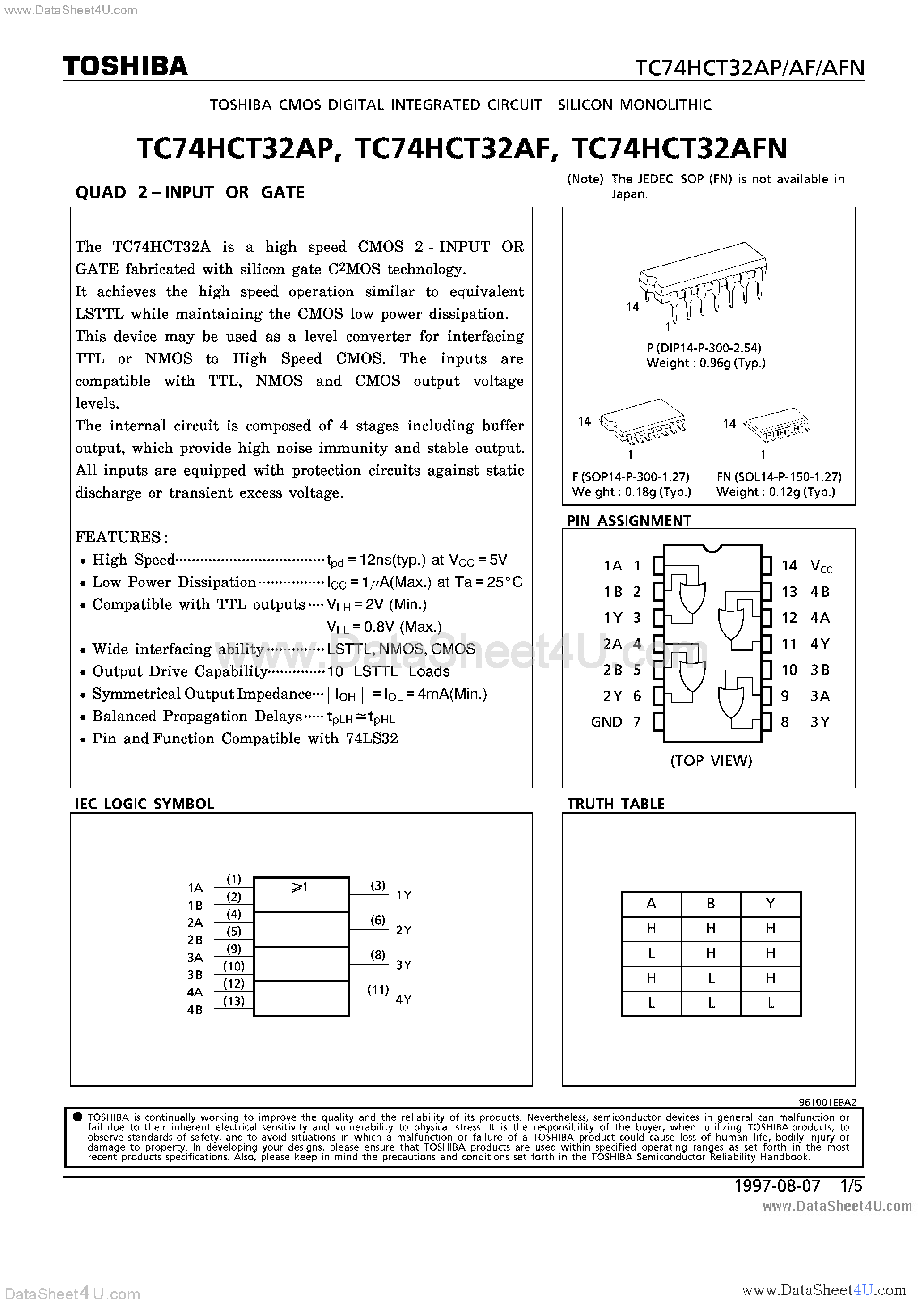 Даташит TC74HCT32AF - (TC74HCT32Axx) QUAD 2-INPUT OR GATE страница 1