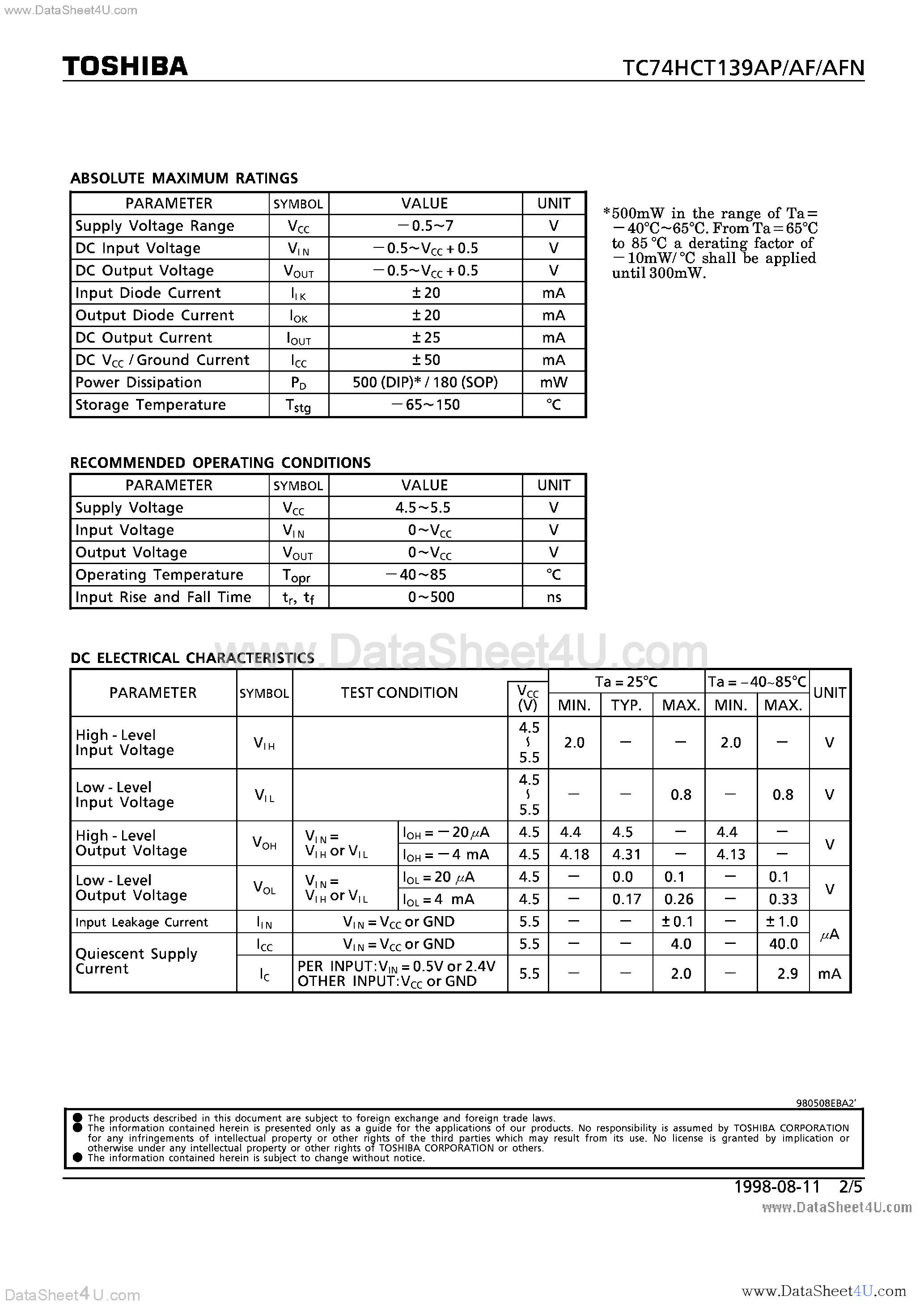 Даташит TC74HCT139AF - (TC74HCT139Axx) DUAL 2-TO-4 LINE DECODER страница 2