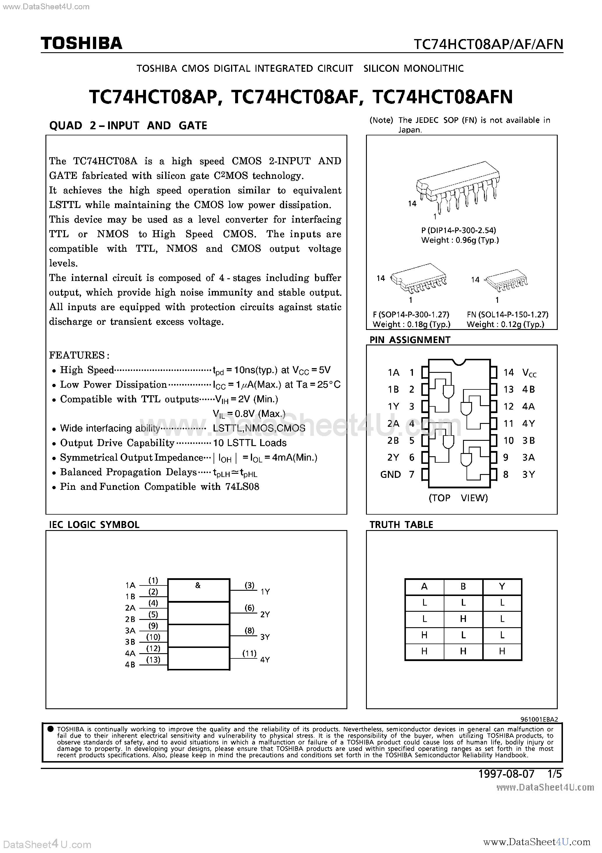 Даташит TC74HCT08AF - (TC74HCT08Axx) QUAD 2-INPUT AND GATE страница 1