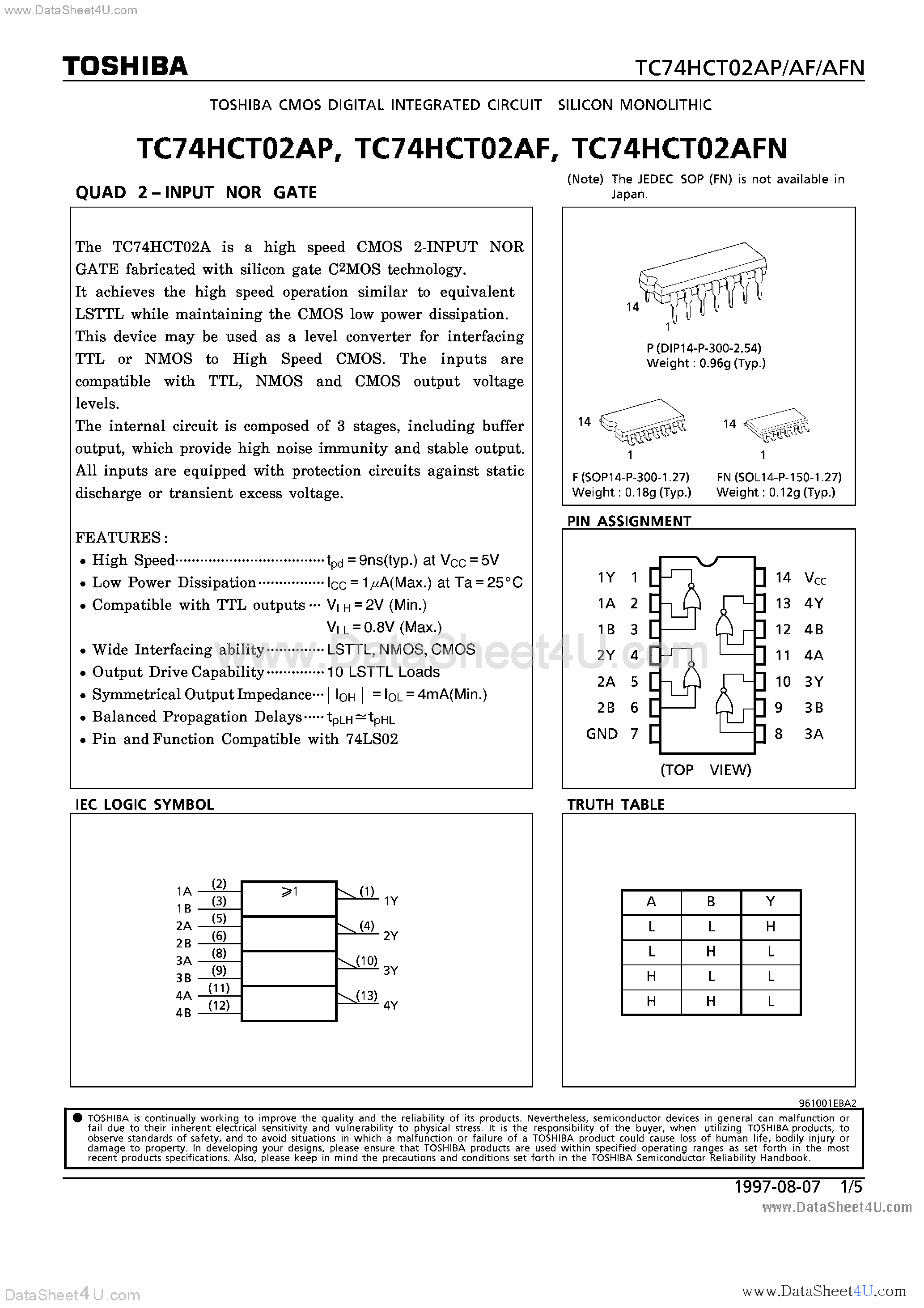 Даташит TC74HCT02AF - (TC74HCT02Axx) QUAD 2-INPUT NOR GATE страница 1